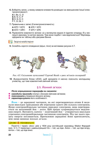 20 Òåìà 2
6. Виберіть запис, у якому символи елементів розміщені за змен енням їхньої елек-
тронегативності.
А І, Ве, С, О
В, , С, Р
, , , С
Г , С , Вг,
7. Правильним є запис ( -електронегативність)
А ( ) (СІ) ( ) (О)
( ) (Вг) Г ( ) ( )
8. Порівняйте ковалентні зв’язки: а) у молекулах водню й гідроген хлориду б) у мо-
лекулі амоніаку та катіоні амонію. им вони подібні і чим відрізняються Відповідь
оформте як таблиці або діаграми Венна.
Творча майстерня
9. Складіть короткі оповідання (вір і, пісні) за мотивами рисунка 4.7.
Ðèñ. 4.7. Спільними	зусиллями 	Гуртом 	 кий	з	двох	зв’язків	полярний
10. Використайте блоки , щоб зрозуміло й наочно пояснити молод ому
учнівству, що таке ковалентний хімічний зв’язок.
нн к
ля ац а я а а а а и
z а и и и ла и сполук з йонним хімічним зв’язком
z я а и утворення йонного зв’язку
z а а и а и його особливості.
они	 	це	заряджені	частинки,	на	які	перетворюються	атоми	й	моле-
кули	внаслідок	приєднання	або	втрачання	одного	або	кількох	електронів.	
к о	електронейтральна	частинка	приєднує	електрони,	вона	перетворю-
ється	на	негативний	йон	 	аніон.	 ей	процес	супроводжується	виділен-
ням	енергії.	 атомість	катіон	 	позитивний	йон	 	утворюється	внаслідок	
утрачання	електронейтральною	частинкою	електронів.	Під	час	цього	про-
цесу	 енергія	 поглинається.	 Протилежно	 заряджені	 йони	 притягуються,	
між	ними	виникає	éîííèé çâ’ÿçîê.
Öіêаво і ïіçнаваëüно
Поняття і термін «йон» увів у 1834 році англійський науковець айкл арадей
(рис. 5.1). перекладі з давньогрецької – той, що йде. Аніон – той, що йде вгору,
катіон – той, що йде вниз.
Öіêаво і ïіçнаваëüноÖіêаво і ïіçнаваëüноÖіêаво і ïіçнаваëüноÖіêаво і ïіçнаваëüно
 