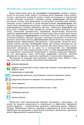 3
Âіòàєìî âàñ, îäèíàäöÿòèêëàñíèêè òà îäèíàäöÿòèêëàñíèöі!
Öüîãî íàâ÷àëüíîãî ðîêó âè: ïîãëèáèòå é ðîçøèðèòå çíàííÿ ç íåîðãà-
нічної	та	загальної	хімії,	набуті	в	попередні	роки 	âèâ÷èòå	хімію	немета-
лічних	і	металічних	елементів	згідно	з	їхнім	положенням	у	періодичній	
системі	 хімічних	 елементів	 і	 будовою	 атомів 	 óñòàíîâèòå	 причиново-
наслідкові	зв’язки	між	фізичними	та	хімічними	властивостями	найваж-
ливіших	сполук	елементів	та	їхнім	використанням 	конкретизуєте óÿâ-
лення	 одо	поширення	металічних	і	неметалічних	елементів	у	природі	та	
найважливіших	способів	добування	металів	і	неметалів 	дізнаєтеся про	
роль	хімії	у	створенні	нових	матеріалів,	розвитку	нових	напрямів	техно-
логій,	 розв’язанні	 продовольчої,	 сировинної,	 енергетичної,	 екологічної	
проблем 	óçàãàëüíèòå	світоглядні	питання	 одо	місця	хімії	поміж	інших	
наук	про	природу 	ознаéомитеся	із	зеленою	хімією	як	новою	філософією	
сучасного	розвитку	хімічної	індустрії,	наукових	досліджень	та	світогляду	
молодого	покоління	хіміків 	óäîñêîíàëèòå	вміння	безпечно	поводитися	з	
найпростішим	лабораторним	обладнанням	і	реактивами,	безпечно	вико-
нувати	хімічні	досліди 	застосуєте	відомі	вам	методи	пізнання	під	час	
демонстрування	хімічних	дослідів	учителем	або	вчителькою	хімії	та	влас-
норучного	 виконання	 їх	 на	 уроці	 чи	 в	 позаурочний	 час 	 навчитеся
розв’язувати	нові	типи	розрахункових	задач	із	хімії 	використаєте	вмін-
ня	працювати	з	навчальною	літературою	та	іншими	джерелами	інформа-
ції	 для	 розширення	 свого	 світогляду 	 ðîçâèíåòå	 здатність	 мислити	
абстрактно	та	образно,	критично	сприймати	й	аналізувати	інформацію.
Реалізувати	ці	завдання	вам	допоможе	підручник	хімії.	Роботу	з	ним	
вам	полегшать	такі	умовні	позначення	(піктограми):
важлива інформація
завдання, які актуалізують опорні знання або пов’язані із застосуванням щойно
здобутих знань
z найважливі е в параграфі
репродуктивні запитання, що допомагають засвоїти й відтворити знання
продуктивні запитання та завдання, які спонукають до мислення
творчі завдання
тестові завдання для самоконтролювання знань з теми
лабораторні досліди
практичні роботи.
Підручник	 хімії	 виконуватиме	 функції	 своєрідного	 «тренажеру»,	 на	
якому	 ви	 зможете	 вправлятися	 в	 сприйманні	 та	 обробленні	 інформації	
різного	формату	 	алгоритмічних	приписів,	табличних	даних,	графіків,	
діаграм.	Вироблення	навичок	сприймати	інформацію	й	після	належного	
оброблення	застосовувати	в	практичній	діяльності	забезпечить	зростання	
вашої	інформаційної	компетентності.	
 