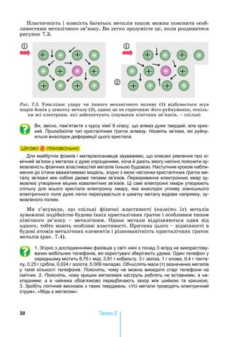 30 Òåìà 2
Пластичність	і	ковкість	багатьох	металів	також	можна	пояснити	особ-
ливостями	металічного	зв’язку.	Ви	легко	зрозумієте	це,	коли	роздивитеся	
рисунок	7.3.	
1
2
1
Ðèñ. 7.3. Унаслідок	 удару	 чи	 іншого	 механічного	 впливу	 (1)	 відбувається	 зсув	
шарів	йонів	у	шматку	металу	(2),	однак	це	не	спричиняє	його	руйнування,	оскіль-
ки	всі	електрони,	які	забезпечують	існування	хімічних	зв’язків,	 	спільні
Ви, звісно, пам’ятаєте з курсу хімії 8 класу, що алмаз дуже твердий, але крих-
кий. Пригадайте тип кристалічних раток алмазу. Назвіть зв’язки, які руйну-
ються внаслідок деформації цього кристала.
Öіêаво і ïіçнаваëüно
Для майбутніх фізиків і матеріалознавців зауважимо, що описані уявлення про хі-
мічний зв’язок у металах є дуже спрощеними, хоча й дають змогу наочно пояснити зу-
мовленість фізичних властивостей металів їхньою будовою. аступним кроком набли-
ження до істини вважатимемо модель, згідно з якою частинки кристалічних раток ме-
талу зв’язані між собою двома типами зв’язків. Перекривання електронних хмар зу-
мовлює утворення міцних ковалентних зв’язків. і самі електронні хмари утворюють
спільну для всього кристала електронну хмару, яка внаслідок упливу зовні нього
електричного поля дуже легко пересувається в матку металу вздовж напрямку, зу-
мовленого полем.
Ми	 з’ясували,	 о	 спільні	 фізичні	 властивості	 (назвіть їх)	 металів	
зумовлені	подібністю	будови	їхніх	кристалічних	 раток	і	особливим	типом	
хімічного	 зв’язку	 	 металічним.	 Однак	 метали	 відрізняються	 один	 від	
одного,	тобто	мають	особливі	властивості.	Причина	цього	 	відмінності	в	
будові	атомів	металічних	елементів	і	різноманітність	кристалічних	 раток	
металів	(рис.	7.4).
1. Згідно з дослідженнями фахівців у світі нині є понад 3 млрд не використову-
ваних мобільних телефонів, які користувачі зберігають удома. Один телефон у
середньому містить 8,75 г міді, 3,81 г кобальту, 3 г заліза, 1 г олова, 0,4 г танта-
лу, 0,25 г срібла, 0,024 г золота, 0,009 паладію. Обчисліть маси (т) зазначених металів
у такій кількості телефонів. Поясніть, чому не можна викидати старі телефони на
смітник. 2. Поясніть, чому кри ки металевих каструль роблять не вставними, а на-
кладними а в чайника обов’язково передбачають зазор між ийкою та кри кою.
3. Зробіть логічний висновок з таких тверджень: « сі метали проводять електричний
струм», « ідь є металом».
Öіêаво і ïіçнаваëüноÖіêаво і ïіçнаваëüноÖіêаво і ïіçнаваëüноÖіêаво і ïіçнаваëüно
 