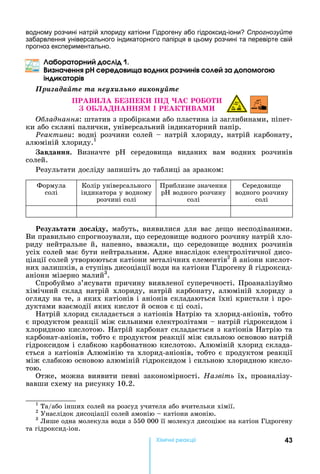 43Хімічні реакціі
водному розчині натрій хлориду катіони Гідрогену або гідроксид-іони Спрогнозуйте
забарвлення універсального індикаторного папірця в цьому розчині та перевірте свій
прогноз експериментально.
а ра рн і
наченн р ере а н р ч ні е а м
ін ка рі
Ïðèãàäàéòå òà íåóõèëüíî âèêîíóéòå
П В П ПІ
ЯМ І В М
ладнання:	штатив	з	пробірками	або	пластина	із	заглибинами,	піпет-
ки	або	скляні	палички,	універсальний	індикаторний	папір.
Ðåàêòèâè:	водні	розчини	солей	 	натрій	хлориду,	натрій	карбонату,	
алюміній	хлориду.1
авданн .	 Визначте	 	 середови а	 виданих	 вам	 водних	 розчинів	
солей.
Результати	досліду	запишіть	до	таблиці	за	зразком:
Формула	
солі
Колір	універсального	
індикатора	у	водному	
розчині	солі
Приблизне	значення	
	водного	розчину	
солі
Середови е	
водного	розчину	
солі
езу тати до іду,	мабуть,	виявилися	для	вас	де о	несподіваними.	
Ви	правильно	спрогнозували,	 о	середови е	водного	розчину	натрій	хло-
риду	 нейтральне	 й,	 напевно,	 вважали,	 о	 середови е	 водних	 розчинів	
усіх	солей	має	бути	нейтральним.	Адже	внаслідок	електролітичної	дисо-
ціації	солей	утворюються	катіони	металічних	елементів2
	й	аніони	кислот-
них	залишків,	а	ступінь	дисоціації	води	на	катіони	Гідрогену	й	гідроксид-
аніони	мізерно	малий3
.
Спробуймо	з’ясувати	причину	виявленої	суперечності.	Проаналізуймо	
хімічний	 склад	 натрій	 хлориду,	 натрій	 карбонату,	 алюміній	 хлориду	 з	
огляду	на	те,	з	яких	катіонів	і	аніонів	складаються	їхні	кристали	і	про-
дуктами	взаємодії	яких	кислот	й	основ	є	ці	солі.
атрій	хлорид	складається	з	катіонів	 атрію	та	хлорид-аніонів,	тобто	
є	продуктом	реакції	між	сильними	електролітами	 	натрій	гідроксидом	і	
хлоридною	кислотою.	 атрій	карбонат	складається	з	катіонів	 атрію	та	
карбонат-аніонів,	тобто	є	продуктом	реакції	між	сильною	основою	натрій	
гідроксидом	і	слабкою	карбонатною	кислотою.	Алюміній	хлорид	склада-
ється	з	катіонів	Алюмінію	та	хлорид-аніонів,	тобто	є	продуктом	реакції	
між	слабкою	основою	алюміній	гідроксидом	і	сильною	хлоридною	кисло-
тою.
Отже,	можна	виявити	певні	закономірності.	Назвіть	їх,	проаналізу-
вавши	схему	на	рисунку	10.2.
1
	Та/або	інших	солей	на	розсуд	учителя	або	вчительки	хімії.
2
	Унаслідок	дисоціації	солей	амонію	 	катіони	амонію.
3
	Лише	одна	молекула	води	з	550	000	її	молекул	дисоціює	на	катіон	Гідрогену	
та	гідроксид-іон.
 