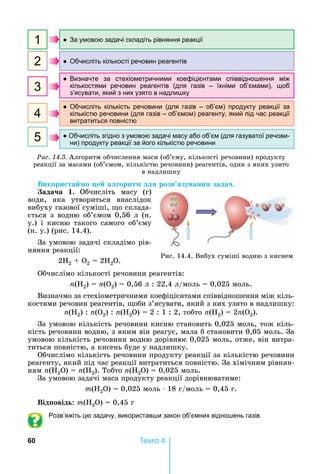 60 Òåìà 4
За умовою задачі складіть рівняння реакції1
Обчисліть кількість речовини (для газів – об’єм) продукту реакції за
кількістю речовини (для газів – об’ємом) реагенту, який під час реакції
витратиться повністю
4
Обчисліть кількості речовин реагентів2
Обчисліть згідно з умовою задачі масу або об’єм (для газуватої речови-
ни) продукту реакції за його кількістю речовини
5
Визначте за стехіометричними коефіцієнтами співвідно ення між
кількостями речовин реагентів (для газів – їхніми об’ємами), щоб
з’ясувати, який з них узято в надли ку
3
Ðèñ. 14.3.	Алгоритм	обчислення	маси	(об’єму,	кількості	речовини)	продукту	
реакції	за	масами	(об’ємом,	кількістю	речовини)	реагентів,	один	з	яких	узято	
в	надлишку	
Викори та о е а орит д розв зуванн зада .
ада а .	 Обчисліть	 масу	 (г)	
води,	 яка	 утвориться	 внаслідок	
вибуху	газової	суміші,	 о	склада-
ється	 з	 водню	 об’ємом	 0,56	л	 (н.	
у.)	 і	 кисню	 такого	 самого	 об’єму	
(н.	у.)	(рис.	14.4).
За	умовою	задачі	складімо	рів-
няння	реакції:
2 2 + Î2	 	2 2 .
Обчислімо	кількості	речовини	реагентів:
n( 2)	 	n(О2)	 	0,56	л	:	22,4	л/моль	 	0,025	моль.
Визначмо	за	стехіометричними	коефіцієнтами	співвідношення	між	кіль-
костями	речовин	реагентів,	 оби	з’ясувати,	який	з	них	узято	в	надлишку:
n( 2)	:	n( 2)	:	n( 2 )	 	2	:	1	:	2,	тобто	n( 2)	 	2n( 2).
За	умовою	кількість	речовини	кисню	становить	0,025	моль,	тож	кіль-
кість	речовини	водню,	з	яким	він	реагує,	мала	б	становити	0,05	моль.	За	
умовою	кількість	речовини	водню	дорівнює	0,025	моль,	отже,	він	витра-
титься	повністю,	а	кисень	буде	у	надлишку.	
Обчислімо	кількість	речовини	продукту	реакції	за	кількістю	речовини	
реагенту,	який	під	час	реакції	витратиться	повністю.	За	хімічним	рівнян-
ням	n( 2 )	 	n( 2).	Тобто	n( 2 )	 	0,025	моль.
За	умовою	задачі	маса	продукту	реакції	дорівнюватиме:
m( 2 )	 	0,025	моль	⋅	18	г/моль	 	0,45	г.
Від овід : m( 2 )	 	0,45	г
Розв’яжіть цю задачу, використав и закон об’ємних відно ень газів.
Рис.	14.4.	Вибух	суміші	водню	з	киснем	
 