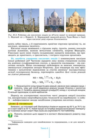 94 Òåìà 4
нують	зубну	емаль,	а	й	спричиняють	хронічне	отруєння	організму	та,	як	
наслідок,	зниження	імунітету.
Кислотні	опади	вимивають	з	гірських	порід,	 рунтів,	донних	покладів	
катіони	 Алюмінію,	 важких	 металічних	 елементів,	 зокрема	 Меркурію.	
Унаслідок	цього	вони	стають	складниками	ланцюгів	живлення,	 о	при-
зводить	до	хронічного,	а	трапляється,	і	гострого	отруєння	організмів.
Як за обі ти утворенн ки отних о адів	 і	 компенсувати	 наслідки	
їхньої	руйнівної	дії 	 астково	зарадити	лиху	можна	очи енням	палива	
від	домішок	сульфуровмісних	сполук,	а	продуктів	спалювання	 	від	кис-
лотних	оксидів.	 к о	спалювання	здійснювати	за	нижчих	температур,	
зменшується	утворення	оксидів	 ітрогену.	Для	очи ення	від	них	ефек-
тивним	 є	 каталітичне	 відновлення	 за	 участю	 амоніаку1
	 (âèêîðèñòàâøè
метод електронно о алансу еретворіть наведені далі схеми реакці
на хімічні рівняння):
NO + NH3
t,	кат.
N2 + H2Î
NO2 + NH3
t,	кат.
N2 + H2О.
1. Проаналізуйте склад продуктів двох реакцій, рівняння яких наведено вище, і
поясніть, чому цей спосіб видалення домі ок оксидів ітрогену є екологічно
чистим. 2. Складіть рівняння реакцій сульфур( ) оксиду з: а) кальцій оксидом
б) кальцій гідроксидом в) калій карбонатом.
Перехід	 на	 альтернативні	 екологічно	 чисті	 джерела	 енергії	 (назвіть
їх),	використання	енергозберігальних	технологій	на	виробництві	і	в	побу-
ті	 	найефективніші	заходи	запобігання	утворенню	кислотних	опадів.
Öіêаво і ïіçнаваëüно
Виявлено, що пліснявий гриб Stachybotrys видаляє від 65 до 76 сір-
ки із сирої нафти за 30 °С. овий процес не потребує використання високої температу-
ри та великих витрат енергії : . . 10.1021 800494 .
Поясніть значення цього відкриття в контексті збалансованого розвитку люд-
ства.
1
		 нформацію	наведено	для	ознайомлення	та	опрацювання,	а	не	для	запа		м’я	-
товування.
Öіêаво і ïіçнаваëüноÖіêаво і ïіçнаваëüноÖіêаво і ïіçнаваëüноÖіêаво і ïіçнаваëüно
Ðèñ. 21.3.	Руйнівна	дія	кислотних	опадів	на	об’єкти	живої	та	неживої	природи.	
1.	Мертвий	ліс	у	 орвегії.	2.	Мармуровий	мавзолей-мечеть	Тадж-Махал	в	 ндії	
через	кислотні	до і	втрачає	білосніжність
1 2
 