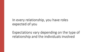 In every relationship, you have roles
expected of you
Expectations vary depending on the type of
relationship and the individuals involved
 