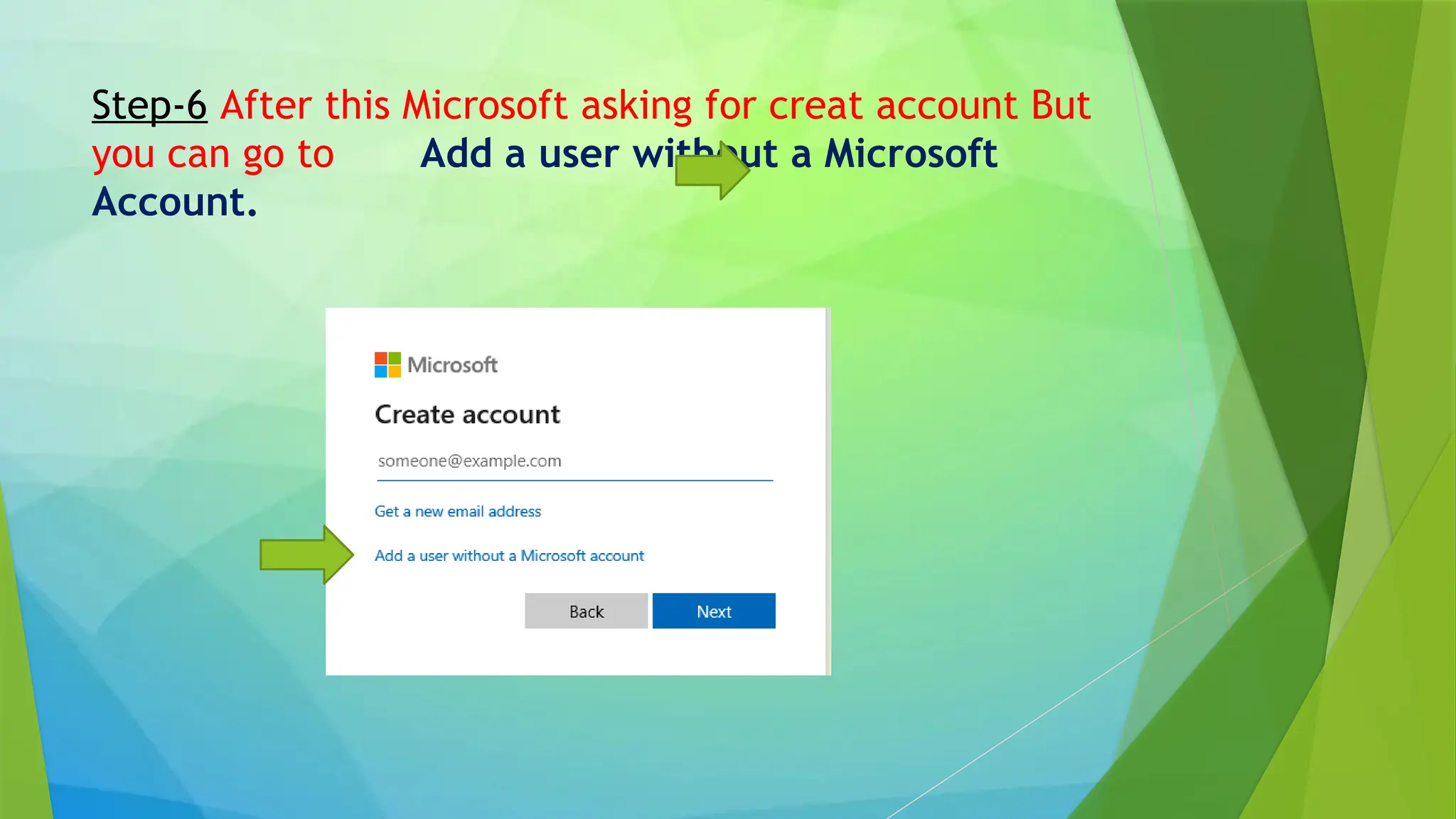 Step-6 After this Microsoft asking for creat account But
you can go to Add a user without a Microsoft
Account.