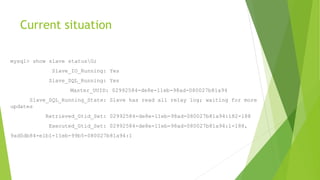 Current situation
mysql> show slave statusG;
Slave_IO_Running: Yes
Slave_SQL_Running: Yes
Master_UUID: 02992584-de8e-11eb-98ad-080027b81a94
Slave_SQL_Running_State: Slave has read all relay log; waiting for more
updates
Retrieved_Gtid_Set: 02992584-de8e-11eb-98ad-080027b81a94:182-188
Executed_Gtid_Set: 02992584-de8e-11eb-98ad-080027b81a94:1-188,
9ad0db84-e1b1-11eb-99b5-080027b81a94:1
 