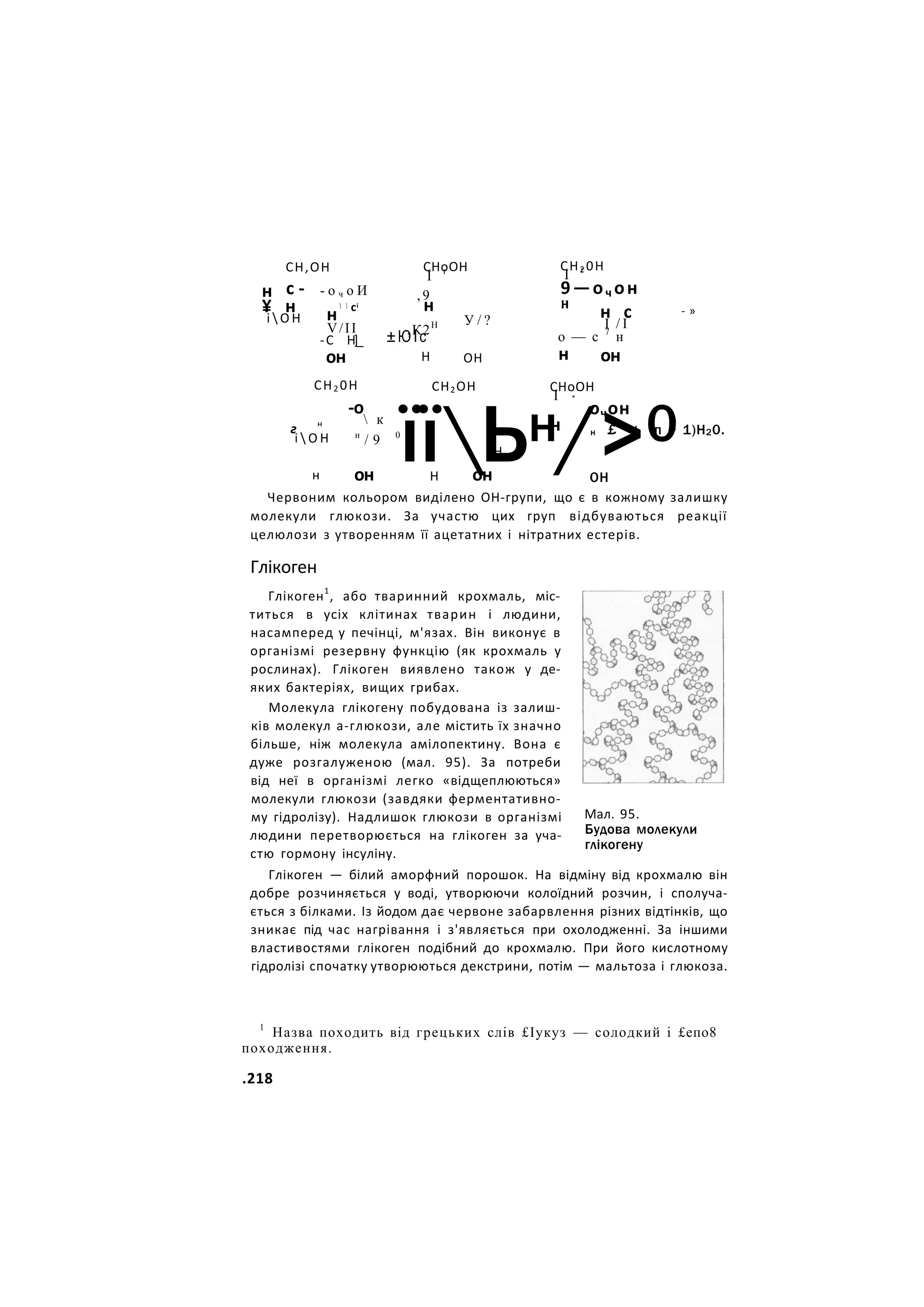 СН,ОН
н с -
¥ н
і  О Н
- о ч о И
 | і
н с
V/IІ
-С Н]_
СНоОН
І г
, 9
н
,К2Н
±ЮІс
он
СН2 0Н
Н
У / ?
ОН
СН2 0Н
І г
9—оч он
н
Н
н с
І / І
о — с 7
н
- »
н он
г н
і  О Н
н
-о
 к
н
/ 9 0
он
СН2ОН
їїЬн/>0
Н
СНоОН
І *
н
очон
н £ + (п + 1)Н20.
ОН
Н он
Червоним кольором виділено ОН-групи, що є в кожному залишку
молекули глюкози. За участю цих груп відбуваються реакції
целюлози з утворенням її ацетатних і нітратних естерів.
Глікоген
Глікоген1
, або тваринний крохмаль, міс-
титься в усіх клітинах тварин і людини,
насамперед у печінці, м'язах. Він виконує в
організмі резервну функцію (як крохмаль у
рослинах). Глікоген виявлено також у де-
яких бактеріях, вищих грибах.
Молекула глікогену побудована із залиш-
ків молекул а-глюкози, але містить їх значно
більше, ніж молекула амілопектину. Вона є
дуже розгалуженою (мал. 95). За потреби
від неї в організмі легко «відщеплюються»
молекули глюкози (завдяки ферментативно-
му гідролізу). Надлишок глюкози в організмі
людини перетворюється на глікоген за уча-
стю гормону інсуліну.
Глікоген — білий аморфний порошок. На відміну від крохмалю він
добре розчиняється у воді, утворюючи колоїдний розчин, і сполуча-
ється з білками. Із йодом дає червоне забарвлення різних відтінків, що
зникає під час нагрівання і з'являється при охолодженні. За іншими
властивостями глікоген подібний до крохмалю. При його кислотному
гідролізі спочатку утворюються декстрини, потім — мальтоза і глюкоза.
Мал. 95.
Будова молекули
глікогену
1
Назва походить від грецьких слів £Іукуз — солодкий і £епо8
походження.
.218
 