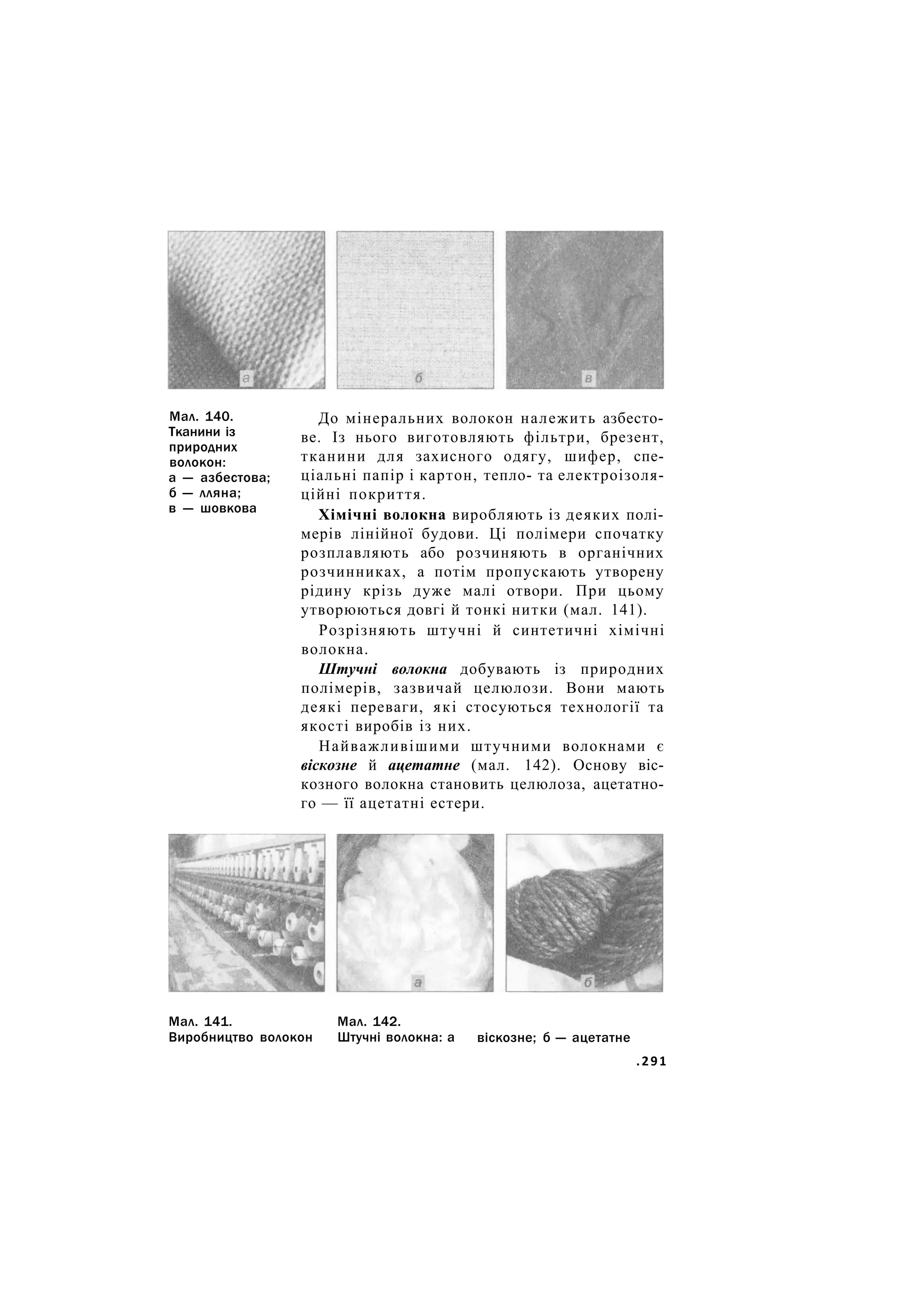 Мал. 140.
Тканини із
природних
волокон:
а — азбестова;
б — лляна;
в — шовкова
До мінеральних волокон належить азбесто-
ве. Із нього виготовляють фільтри, брезент,
тканини для захисного одягу, шифер, спе-
ціальні папір і картон, тепло- та електроізоля-
ційні покриття.
Хімічні волокна виробляють із деяких полі-
мерів лінійної будови. Ці полімери спочатку
розплавляють або розчиняють в органічних
розчинниках, а потім пропускають утворену
рідину крізь дуже малі отвори. При цьому
утворюються довгі й тонкі нитки (мал. 141).
Розрізняють штучні й синтетичні хімічні
волокна.
Штучні волокна добувають із природних
полімерів, зазвичай целюлози. Вони мають
деякі переваги, які стосуються технології та
якості виробів із них.
Найважливішими штучними волокнами є
віскозне й ацетатне (мал. 142). Основу віс-
козного волокна становить целюлоза, ацетатно-
го — її ацетатні естери.
Мал. 141.
Виробництво волокон
Мал. 142.
Штучні волокна: а віскозне; б — ацетатне
.291
 