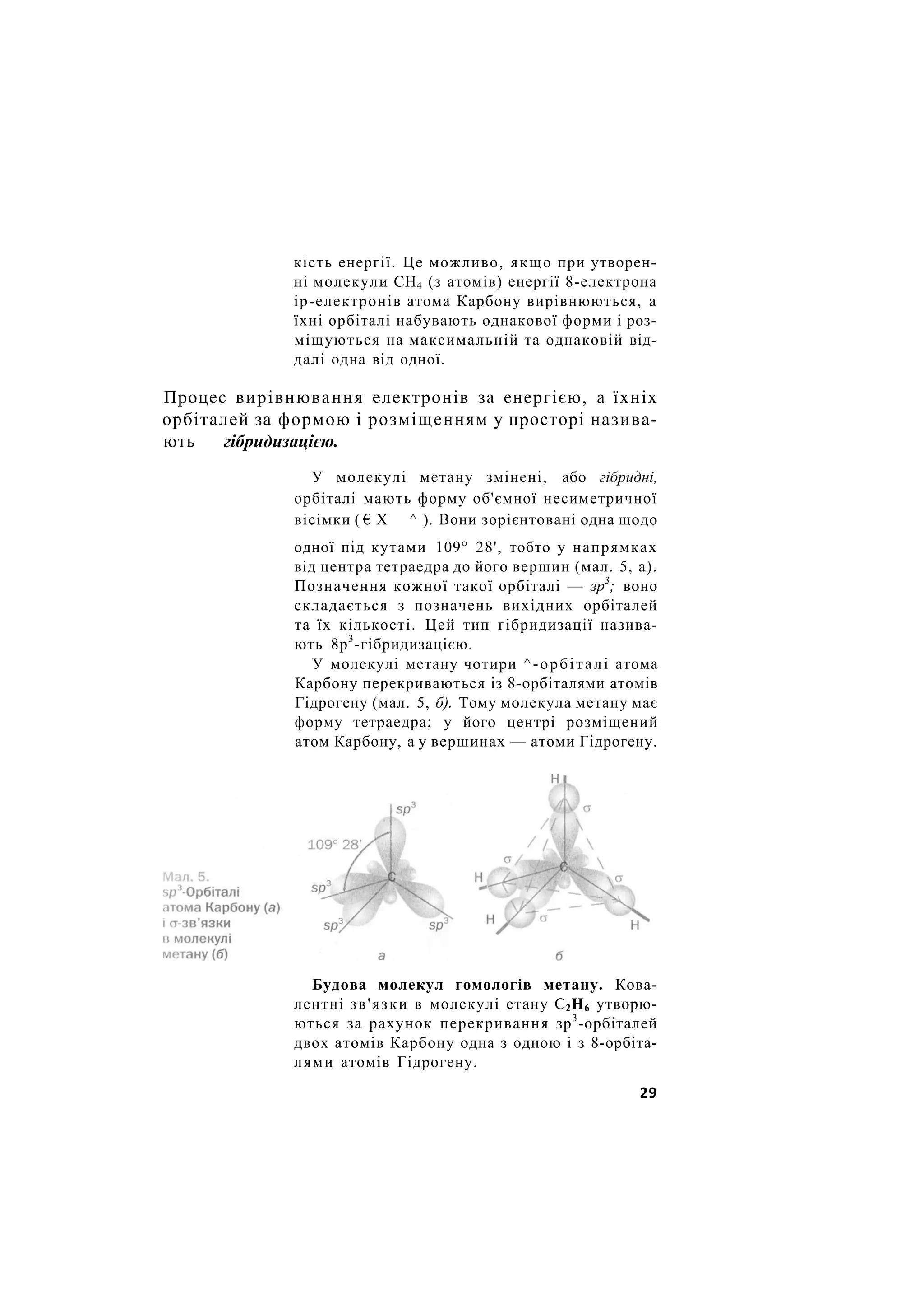 кість енергії. Це можливо, якщо при утворен-
ні молекули СН4 (з атомів) енергії 8-електрона
ір-електронів атома Карбону вирівнюються, а
їхні орбіталі набувають однакової форми і роз-
міщуються на максимальній та однаковій від-
далі одна від одної.
Процес вирівнювання електронів за енергією, а їхніх
орбіталей за формою і розміщенням у просторі назива-
ють гібридизацією.
У молекулі метану змінені, або гібридні,
орбіталі мають форму об'ємної несиметричної
вісімки ( € Х ^ ). Вони зорієнтовані одна щодо
одної під кутами 109° 28', тобто у напрямках
від центра тетраедра до його вершин (мал. 5, а).
Позначення кожної такої орбіталі — зр3
; воно
складається з позначень вихідних орбіталей
та їх кількості. Цей тип гібридизації назива-
ють 8р3
-гібридизацією.
У молекулі метану чотири ^-орбіталі атома
Карбону перекриваються із 8-орбіталями атомів
Гідрогену (мал. 5, б). Тому молекула метану має
форму тетраедра; у його центрі розміщений
атом Карбону, а у вершинах — атоми Гідрогену.
Будова молекул гомологів метану. Кова-
лентні зв'язки в молекулі етану С2Н6 утворю-
ються за рахунок перекривання зр3
-орбіталей
двох атомів Карбону одна з одною і з 8-орбіта-
лями атомів Гідрогену.
29
 