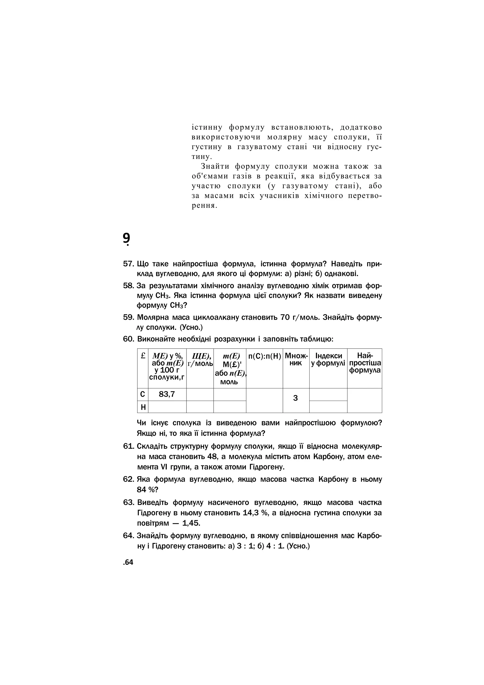 істинну формулу встановлюють, додатково
використовуючи молярну масу сполуки, її
густину в газуватому стані чи відносну гус-
тину.
Знайти формулу сполуки можна також за
об'ємами газів в реакції, яка відбувається за
участю сполуки (у газуватому стані), або
за масами всіх учасників хімічного перетво-
рення.
9
•
57. Що таке найпростіша формула, істинна формула? Наведіть при-
клад вуглеводню, для якого ці формули: а) різні; б) однакові.
58. За результатами хімічного аналізу вуглеводню хімік отримав фор-
мулу СН3. Яка істинна формула цієї сполуки? Як назвати виведену
формулу СН3?
59. Молярна маса циклоалкану становить 70 г/моль. Знайдіть форму-
лу сполуки. (Усно.)
60. Виконайте необхідні розрахунки і заповніть таблицю:
£ МЕ) у %,
або т(Е)
у 100 г
сполуки,г
ЩЕ),
г/моль
т(Е)
М(£)'
або п(Е),
моль
п(С):п(Н) Множ-
ник
Індекси
у формулі
Най-
простіша
формула
С 83,7 3
Н
3
Чи існує сполука із виведеною вами найпростішою формулою?
Якщо ні, то яка її істинна формула?
61. Складіть структурну формулу сполуки, якщо її відносна молекуляр-
на маса становить 48, а молекула містить атом Карбону, атом еле-
мента VI групи, а також атоми Гідрогену.
62. Яка формула вуглеводню, якщо масова частка Карбону в ньому
84 %?
63. Виведіть формулу насиченого вуглеводню, якщо масова частка
Гідрогену в ньому становить 14,3 %, а відносна густина сполуки за
повітрям — 1,45.
64. Знайдіть формулу вуглеводню, в якому співвідношення мас Карбо-
ну і Гідрогену становить: а) 3 : 1; б) 4 : 1. (Усно.)
.64
 