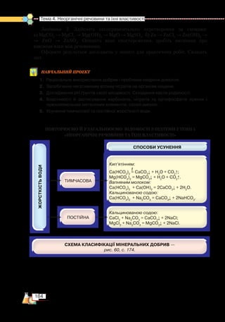 184
Тема 4. Неорганічні речовини та їхні властивості
Завдання 3. Здійсніть експериментально перетворення за схемами:
а) MgСО3
→ MgCl2
→ Mg(OН)2
→ MgО → MgSO4
; б) Zn → ZnCl2
→ Zn(OH)2
→
→ ZnO → ZnSO4
. Опишіть ваші спостереження, зробіть висновки про
взаємозв’язки між речовинами.
Оформте результати досліджень у зошиті для практичних робіт. Складіть
звіт.
Навчальнийпроект
1.	 Раціональне використання добрив і проблема охорони довкілля.
2.	 Запобігання негативному впливу нітратів на організм людини.
3.	 Дослідження рН ґрунтів своєї місцевості. Складання карти родючості.
4.	 Властивості й застосування карбонатів, нітратів та ортофосфатів лужних і
лужноземельних металічних елементів, солей амонію.
5.	 Усунення тимчасової та постійної жорсткості води.
ПОВТОРЮЄМО Й УЗАГАЛЬНЮЄМО  ВІДОМОСТІ З ПІДТЕМИ 3 ТЕМИ 4
«НЕОРГАНІЧНІ РЕЧОВИНИ ТА ЇХНІ ВЛАСТИВОСТІ»
 