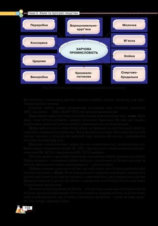 194
Тема 5. Хімія та прогрес людства  
фотосинтезу в організмах рослин, завдяки перебігу певних процесів, теж пере-
творюється на глюкозу.
Середня добова норма споживання вуглеводів для чоловіків становить
400 г, для жінок — 350 г, або 65–70 % від загальновживаної їжі.
Важливими енергетичними та будівельними компонентами їжі є жири. Крім
жиру, вони містять вітаміни, запашні речовини, барвники. Як вам уже відомо,
розрізняють жири рослинного (олії) і тваринного (сало) походження.
Жири забезпечують енергетику м’язів за тривалої та неінтенсивної роботи,
сприяють витривалості організму. Вони входять до складу оболонки клітин усіх
тканин людини, а підшкірний жировий шар захищає від холоду, підтримуючи
постійну температуру тіла.
Важливо нормувати вміст жирів під час споживання їжі, дотримуючись до-
бової норми споживання жирів 40–100 г і правильного співвідношення між рос-
линними (30–40 %) і тваринними (60–70 %) жирами.
Нестача жирів в організмі спричиняє порушення обміну речовин та енергії.
Однак надмірне споживання жирів погіршує засвоюваність білків, кальцію та
магнію, викликаючи тяжке захворювання — атеросклероз.
Найважливішим компонентом їжі, що забезпечує весь будівельний матеріал
клітин в організмі, є білки. Вони відновлюють і замінюють відмерлі тканини всіх
органів, регулюють усі хімічні процеси, а амінокислоти, що утворюються під час
ферментативного гідролізу білків їжі, є матеріалом для синтезу білків, властивих
тільки цьому організмові.
Основні галузі виробництва білків — м’ясна та молочна, що постачають багаті
на білки продукти харчування: біле м’ясо курей та індиків, печінку та м’ясо телят,
рибу й рибопродукти, сир та яйця; з молочних продуктів — свіже молоко, верш-
ки, сир, йогурт, ряжанку тощо.
Рис. 70. Основні галузі виробництва харчової промисловості
 
