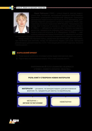 218
Тема 5. Хімія та прогрес людства  
Надія Чайченко (1942) — учена-педагог, доктор педаго­
гічних наук, професор, заслужений працівник освіти України.
Закінчила природничо-географічний факультет Сумського
державного педагогічного інституту ім. А. С. Макаренка, аспі­
рантуру Науково-дослідного інституту педагогіки УРСР, док­
торантуру Інституту педагогіки АПН України. Працювала вчи­
телем хімії та біології в школах м. Шостки Сумської області.
З 1966 р. — лаборантом, асистентом, старшим викладачем,
доцентом, завідувачкою ка­федри хімії Сумського державного
педагогічного інституту ім. А. С. Макаренка. З 2006 р. — заві­
дувачка кафедри методики початкової та природничо-матема­
тичної освіти Сумського обласного інституту післядипломної педагогічної освіти.
Автор понад 100 наукових праць, серед яких дві монографії, два підручники,
три посібники для вчителів, понад 10 навчальних видань для учнів, методичні
рекомендації для магістрантів, статті. Член редакційної колегії журналу «Біологія
і хімія в школі».
Навчальний
проект
1.	 Розв’язання проблеми утилізації різних видів електричних ламп.
2.	 Підготовка есе іноземною мовою «Роль хімії в моєму житті».
ПОВТОРЮЄМО Й УЗАГАЛЬНЮЄМО  ВІДОМОСТІ ­
З ТЕМИ 5 «ХІМІЯ ТА ПРОГРЕС ЛЮДСТВА»
 