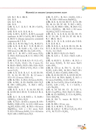 223
Відповіді до завдань і розрахункових задач
§ 2.	 8. Г. 9. А. 10. В.
§ 4.	 3. Б.
§ 5.	 5. Г. 6. Б.
§ 6.	 5. Б.
§ 10.	 4. А, Г. 5. В, Г. 8. 20 г CaCO3
.
9. 131,2 г.
§ 12.	 3. В. 4. Б. 5. Б. 6. А.
§ 14.	 1. 80 %. 2. 95 %. 3. 88 %, кальцій
карбонат. 4. 90 % CaCO3
; 90 % NaOH.
5. 89,74 % обидва продукти; алюміній
гідроксид. 6. Г. 7. Б.
§ 15.	 5. А. 8. 18 г Mg; 7 г N2
. 9. 83,3 %.
§ 16.	 4. В. 5. В. 6. Г. 7. В. 8. 60 г С;
112 л О2
. 9. 0,448 л Н2
; 1,28 г Cu;
0,02 моль Cu. 10. 26 г Zn; 4,48 л CO2
.
§ 17.	 4. Г. 6. 49,7 г; 0,35 моль P2
O5
;
7. 19,6 г; 0,35 моль; 8. 3 г С; 103,5 г Pb;
5,6 л CO2
.
§ 18.	 4. Г. 5. Б, В. 6. 6,2 г Р; 11,2 л Cl2
.
7. 64 г Fe2
O3
; 13,44 г H2
; 2 моль Fe.
8. 30,45 г MnO2
;19,25 г Mn; 12,6 г H2
O.
9. 62,4 г Cr; 10,16 м3
CO2
; 91,2 г і 0,6
моль Cr2
O3
.
§ 19.	 1. Б. 2. В. 3. А, Г. 4. А2. Б4. В1.
Г3. 5. А4. Б1. В2. Г3. 6. 1,2 моль і
37,2 г Р; 1,5 моль і 33,6 л O2
.
§ 20.	 6. 756 г. 7. 29,4 г; 0,3 моль H2
SO4
.
§ 21.	 4. NH3
. 5. 32 г NaOH; 13,6 г H2
S.
6. 198 г (NH4
)2
SO4
. 7. 26,8 г AlCl3
;
10,85 г H2
O.
§ 22.	 3. Б. 4. Б, Г. 5. А4, Б1, В2, Г5.
6. А2-III. Б3-I. В1-II. 7. Б-В-А-Г. 8. А.
9. Б.
§ 23.	 2. Г. 3. А. 6. 0,672 л. 7. 34,08 г
Al(NO3
)3
; 1,344 л N2
O.
§ 24.	 1. 75,2 г. 2. 6,72 л, водень. 3. 119 г
NaNO3
; 15,68 л CO2
. 4. 3,12 г і 0,01 моль
Ag2
SO4
; 0,224 л SO2
. 6. 59,2 г і 0,4 моль
Mg(NO3
)2
; 2,24 л і 0,1 моль N2
O.
7. 43,5 г і 0,3 моль ZnSO4
; 5, 4 г і 0,3 моль
H2
O; 1,68 л і 0,075 моль H2
S.
§ 25.	 7. 2,77 г. 8. 16,1 г ZnSO4
; 2,24 л
H2
. 9. 7,83 г і 0,03 моль Ba(NO3
)2
.
§ 26.	 3. Б. 4. А5. Б4. В2. Г1. 5. 1А. 2В.
3Б. 6. 1А. 2Б. 3Г. 4В. 7. 26,7 г AlCl3
;
6,72 л H2
. 8. 106,8 г AlBr3
. 9. 28,8 г Cu;
51,3 г Al2
(SO4
)3
. 10. 34,2 г і 0,1 моль
Al2
(SO4
)3
; 6,72 л і 0,3 моль H2
.
§ 27.	 3. А. 4. Б, В. 5. А3. Б2. В1. Г5.
6. 1Г. 2А. 3В. 7. 1В. 2А. 3Г. 4Б. 8. Б.
9. Г. 10. Б. 11. Г.
§ 28.	 1. Б. 2. А. 3. А-В-Б або Г-В-Б.
4. В. 5. В. 6. А.
§ 29.	 2. В. 3. А. 4. Б. 5. 1В. 2А. 3Б. 6.
В. 7. А. 8. 32 г CuSO4
. 9. 16 г і 0,1 моль
Fe2
O3
; 5,4 г H2
O.
§ 30.	 3. 495,5 г H2
O; 4,5 г NaCl.
§ 31.	 6. 2,24 л. 7. 23,4 г NaCl; 4,48 л
SO2
.
§ 32.	 4. 83,33 %. 5. 83,8 г. 6. 31,2 г і
0,4  моль H2
SiO3
. 7. 0,2 моль NaCl;
4,48 л NH3
.
§ 33.	 3. 125 кг. 4. 79,1 %. 5. 17,4 г
K2
SO4
; 4,48 л NH3
. 6. 58,5 г NaCl; 39 г
H2
SiO3
. 7. 46,4 г CaSiO3
; 8,96 л CO2
.
§ 34.	 3. А3. Б4. В2. Г5. 4. А2-III. Б1-IV.
В1-II. Г4-I. 6. 79,9 г BaSO4
. 7. 10,7 г і
0,1 моль Fe(OH)3
; 17,55 г NaCl.
§ 36.	 5. 5 кг CaCO3
; 2,8 кг CaO. 6. 20 кг
CaCO3
; 4,48 л CO2
. 7. 1 г CaCO3
і
1,42 г Na2
SO4
.
§ 37.	 4. А3. Б5. В1. Г2. 5. 21,21 %.
6. 62 г Ca3
(PO4
)2
; 70,2 г NaCl. 7. 160 кг.
§ 39.	 6. 12 г NaHSO4
. 7. 17,4 г K2
HPO4
;
13,6 г KH2
PO4
.
§ 41.	 5. 6,6 %, чавун. 6. 92,31 %.
7. 89,29 %.
§ 42.	 8. 500 г; 10 тис. доз.
§ 43.	 5. А. 6. 90 %. 7. 22,4 кг.
§ 45.	 6. 4,48 м3
. 7. 90 кг C6
H12
O6
; 67,2
м3
О2
. 8. 77,175 т H2
SO4
.
 