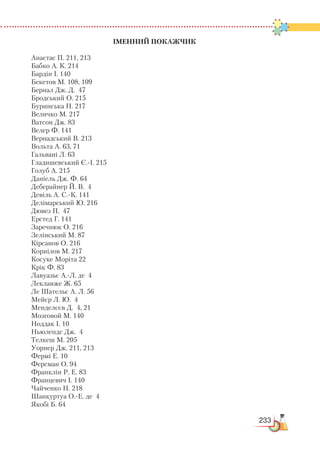 233
Іменний покажчик
Анастас П. 211, 213
Бабко А. К. 214
Бардін І. 140
Бекетов М. 108, 109
Бернал Дж. Д. 47
Бродський О. 215
Буринська Н. 217
Величко М. 217
Ватсон Дж. 83
Велер Ф. 141
Вернадський В. 213
Вольта А. 63, 71
Гальвані Л. 63
Гладишевський Є.-І. 215
Голуб А. 215
Даніель Дж. Ф. 64
Деберайнер Й. В. 4
Девіль А. С.-К. 141
Делімарський Ю. 216
Дювез П. 47
Ерстед Г. 141
Заречнюк О. 216
Зелінський М. 87
Кірсанов О. 216
Корнілов М. 217
Косуке Моріта 22
Крік Ф. 83
Лавуазьє А.-Л. де 4
Лекланже Ж. 65
Ле Шательє А. Л. 56
Мейєр Л. Ю. 4
Менделєєв Д. 4, 21
Мозговой М. 140
Ноддак І. 10
Ньюлендс Дж. 4
Телкеш М. 205
Уорнер Дж. 211, 213
Фермі Е. 10
Ферсман О. 94
Франклін Р. Е. 83
Францевич І. 140
Чайченко Н. 218
Шанкуртуа О.-Е. де 4
Якобі Б. 64
 