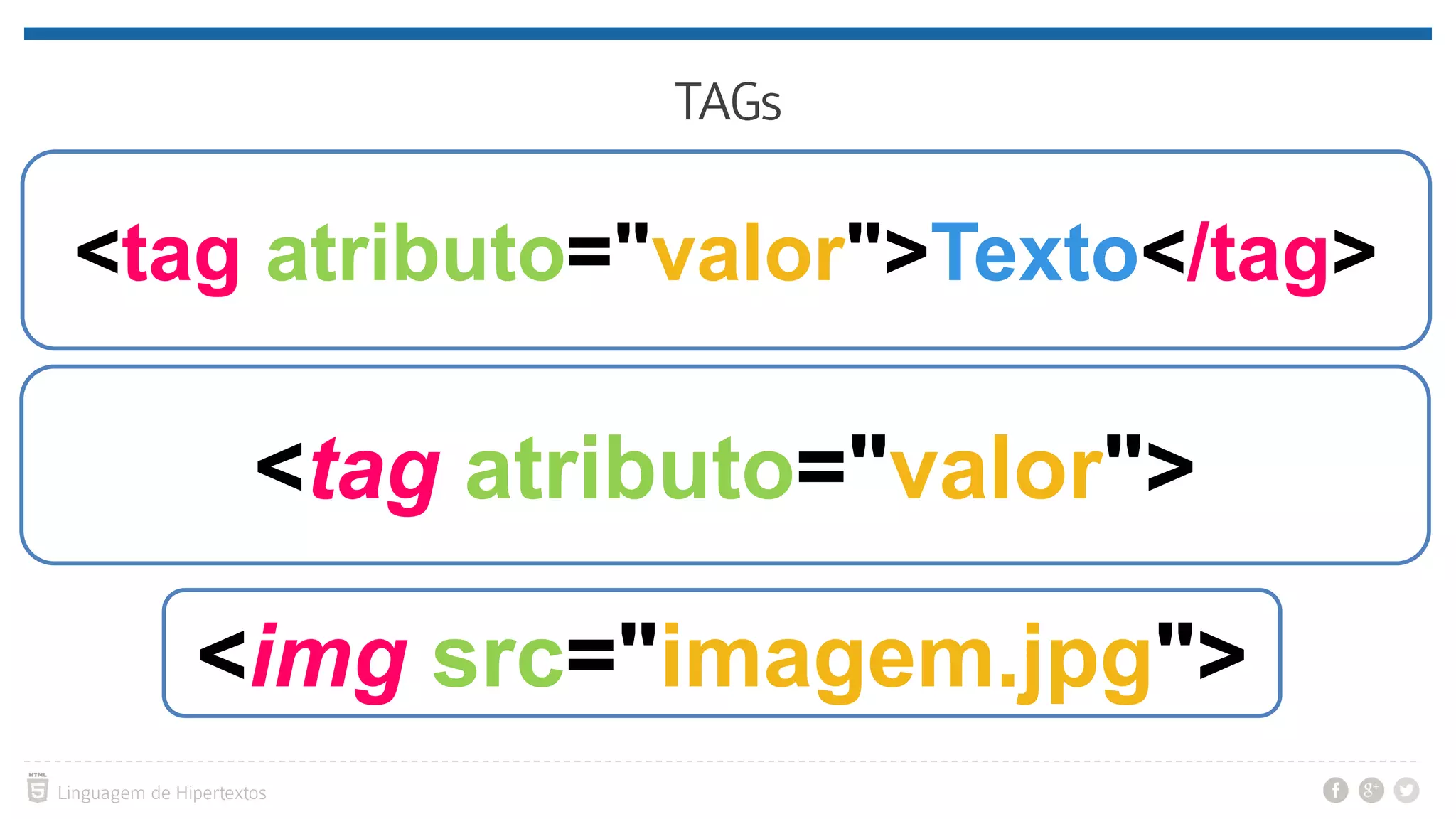 <tag atributo="valor"> <img src="imagem.jpg"> <tag atributo="valor">Texto</tag> 