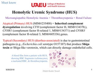 Hemolytic Uremic Syndrome (HUS)
Abdul-Kader Souid
9/26/2018 1
Microangiopathic Hemolytic Anemia + Thrombocytopenia + Renal Failure
Atypical (Primary) HUS (MIM#235400) = Inherited complement
dysregulation involving CFH (complement factor H, MIM#134370,),
CFHR1 (complement factor H-related 1, MIM#134371) and CFHR3
(complement factor H-related 3, MIM#605336) genes.
Typical (Secondary) HUS (diarrhea-associated) is due to gastrointestinal
pathogens (e.g., Escherichia coli serotype O157:H7) that produce Shiga
toxin or Shiga-like verotoxin, which can directly damage endothelial cells.
Must know
A blood film form a patient with HUS,
showing RBC fragments (schistocytes),
a nucleated RBC, & thrombocytopenia.
 