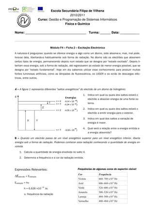 Escola Secundária Filipa de Vilhena
2010/2011
Curso: Gestão e Programação de Sistemas Informáticos
Física e Química
Nome: ___________________________________ Turma: ______ Data: ___________
Módulo F4 – Ficha 2 – Excitação Electrónica
A natureza é preguiçosa: quando se oferece energia a algo como um átomo, este absorve-a, mas, mal pode,
livra-se dela, libertando-a habitualmente sob forma de radiação. No átomo são os electrões que absorvem
certos tipos de energia, permanecendo depois num estado que se designa por “estado excitado”. Depois li-
bertam essa energia, sob a forma de radiação, até regressarem ao estado de menor energia possível, que se
designa por “estado fundamental”. Hoje em dia sabemos utilizar esse conhecimento para produzir muitas
fontes luminosas artificiais, como as lâmpadas de fluorescência, os LASER e os ecrãs de descargas eléc-
tricas, entre outros.
A – A figura 1 representa diferentes “saltos energéticos” do electrão de um átomo de hidrogénio:
1. Indica em qual ou quais dos saltos estará o
electrão a absorver energia de uma fonte ex-
terna.
2. Indica em qual ou quais dos saltos estará o
electrão a emitir energia para o exterior.
3. Indica em qual dos saltos a variação de
energia é maior.
4. Qual será a relação entre a energia emitida e
a energia absorvida?
B – Quando um electrão passa de um nível energético superior para um nível energético inferior, liberta
energia sob a forma de radiação. Podemos conhecer esta radiação conhecendo a quantidade de energia en-
volvida.
1. Calcula a quantidade de energia envolvida no salto 4.
2. Determina a frequência e a cor da radiação emitida.
Expressões Relevantes:
ΔEelectrão = Eradiação
Eradiação = hυ
h = 6,626 ×10
34−
Js;
υ: frequência da radiação
Frequências de algumas cores do espectro visível:
Cor Frequência
Violeta 668–789 x1012
Hz
Azul 606–668 x1012
Hz
Verde 526–606 x1012
Hz
Amarelo 508–526 x1012
Hz
Laranja 484–508 x1012
Hz
Vermelho 400–484 x1012
Hz
 