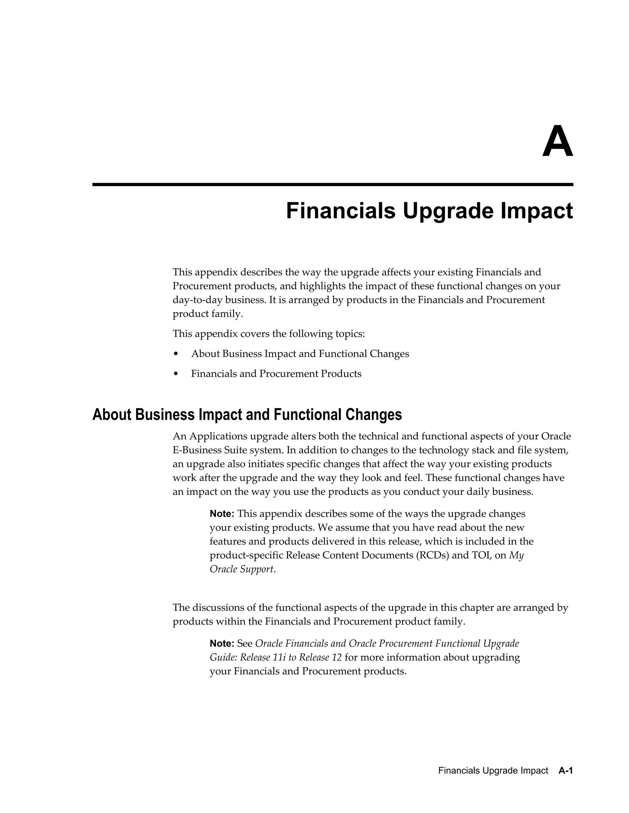 A
                                    Financials Upgrade Impact

           This appendix describes the way the upgrade affects your existing Financials and
           Procurement products, and highlights the impact of these functional changes on your
           day-to-day business. It is arranged by products in the Financials and Procurement
           product family.
           This appendix covers the following topics:
           •   About Business Impact and Functional Changes
           •   Financials and Procurement Products



About Business Impact and Functional Changes
           An Applications upgrade alters both the technical and functional aspects of your Oracle
           E-Business Suite system. In addition to changes to the technology stack and file system,
           an upgrade also initiates specific changes that affect the way your existing products
           work after the upgrade and the way they look and feel. These functional changes have
           an impact on the way you use the products as you conduct your daily business.

                   Note: This appendix describes some of the ways the upgrade changes
                   your existing products. We assume that you have read about the new
                   features and products delivered in this release, which is included in the
                   product-specific Release Content Documents (RCDs) and TOI, on My
                   Oracle Support.


           The discussions of the functional aspects of the upgrade in this chapter are arranged by
           products within the Financials and Procurement product family.

                   Note: See Oracle Financials and Oracle Procurement Functional Upgrade
                   Guide: Release 11i to Release 12 for more information about upgrading
                   your Financials and Procurement products.




                                                                      Financials Upgrade Impact    A-1
 