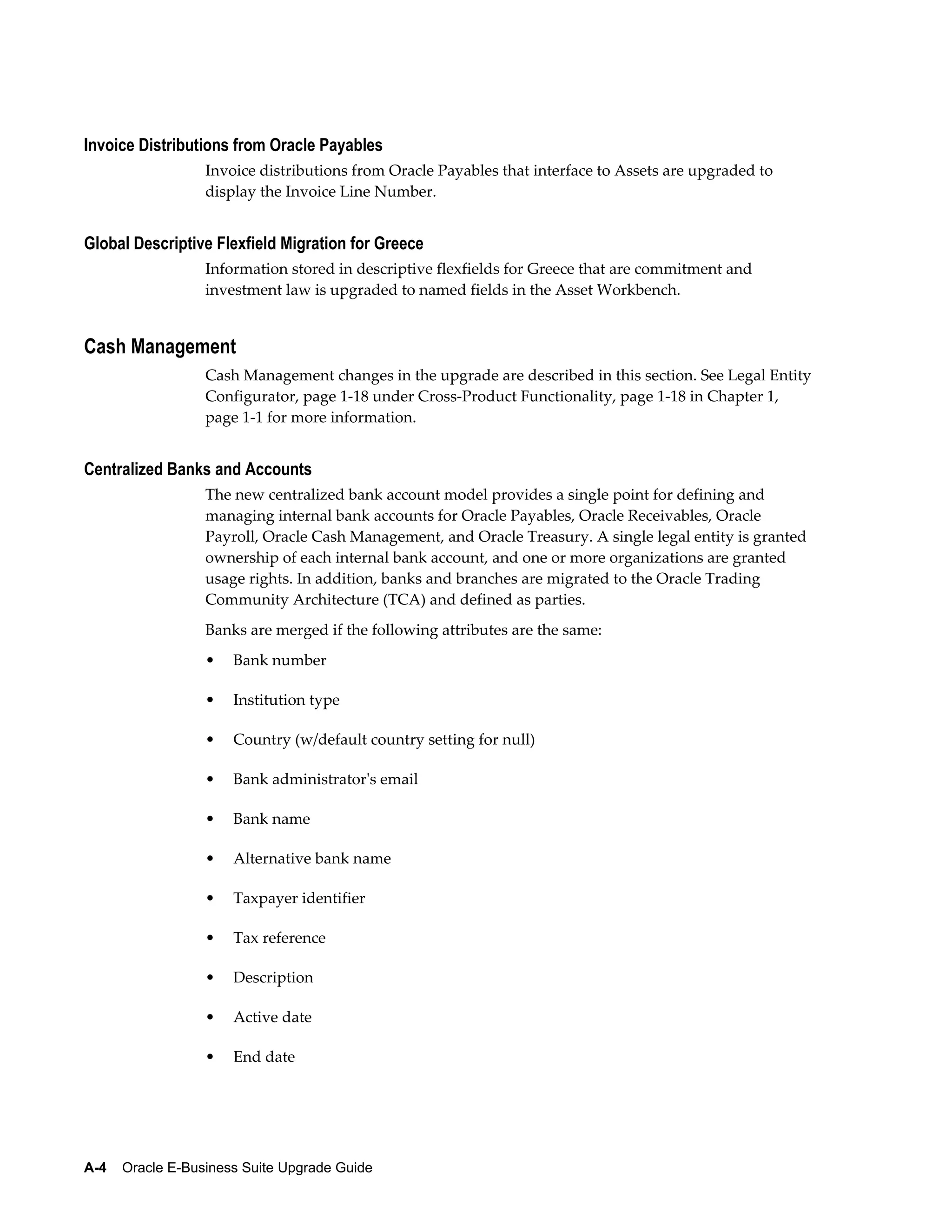 Invoice Distributions from Oracle Payables
                  Invoice distributions from Oracle Payables that interface to Assets are upgraded to
                  display the Invoice Line Number.


Global Descriptive Flexfield Migration for Greece
                  Information stored in descriptive flexfields for Greece that are commitment and
                  investment law is upgraded to named fields in the Asset Workbench.


Cash Management
                  Cash Management changes in the upgrade are described in this section. See Legal Entity
                  Configurator, page 1-18 under Cross-Product Functionality, page 1-18 in Chapter 1,
                  page 1-1 for more information.


Centralized Banks and Accounts
                  The new centralized bank account model provides a single point for defining and
                  managing internal bank accounts for Oracle Payables, Oracle Receivables, Oracle
                  Payroll, Oracle Cash Management, and Oracle Treasury. A single legal entity is granted
                  ownership of each internal bank account, and one or more organizations are granted
                  usage rights. In addition, banks and branches are migrated to the Oracle Trading
                  Community Architecture (TCA) and defined as parties.
                  Banks are merged if the following attributes are the same:
                  •   Bank number

                  •   Institution type

                  •   Country (w/default country setting for null)

                  •   Bank administrator's email

                  •   Bank name

                  •   Alternative bank name

                  •   Taxpayer identifier

                  •   Tax reference

                  •   Description

                  •   Active date

                  •   End date




A-4    Oracle E-Business Suite Upgrade Guide
 
