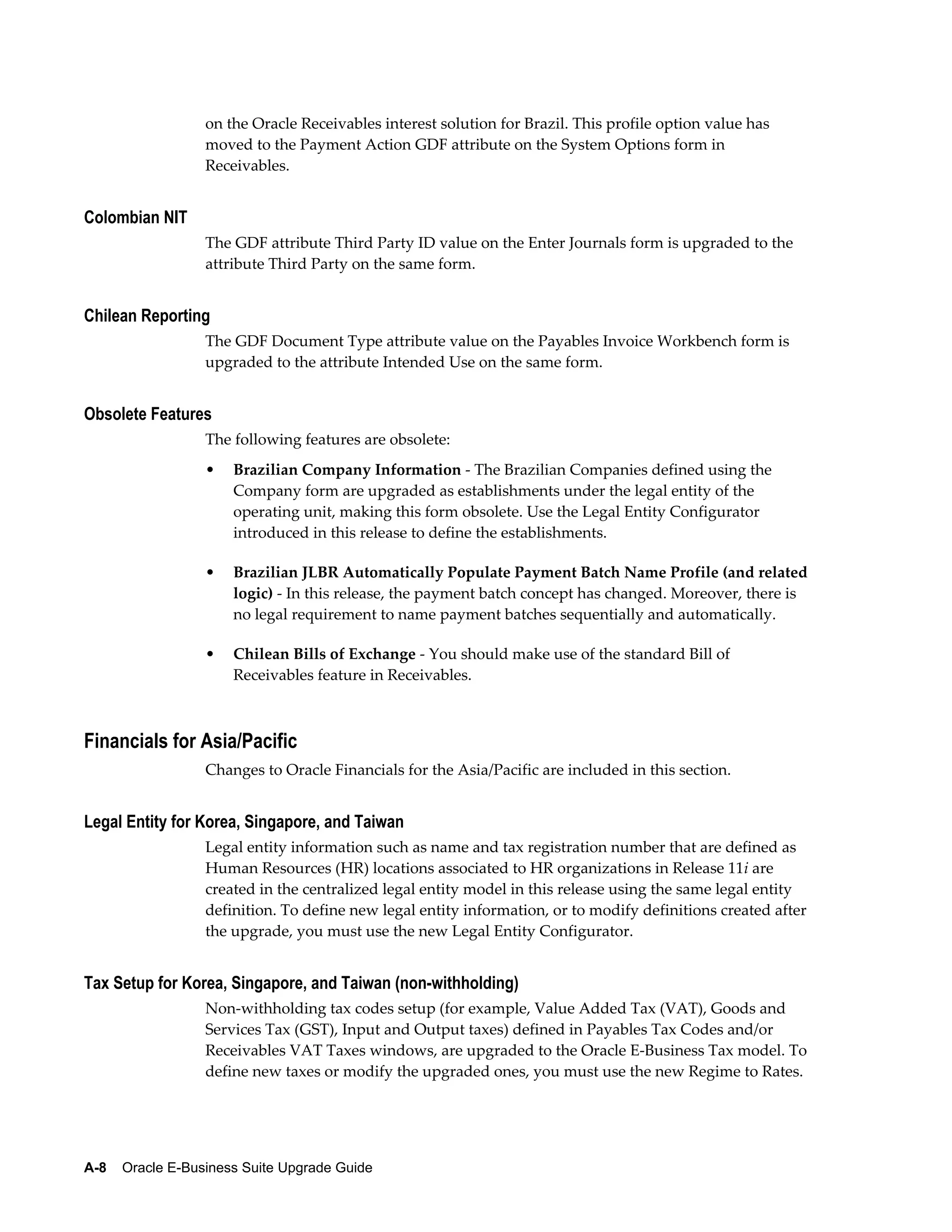 on the Oracle Receivables interest solution for Brazil. This profile option value has
                  moved to the Payment Action GDF attribute on the System Options form in
                  Receivables.


Colombian NIT
                  The GDF attribute Third Party ID value on the Enter Journals form is upgraded to the
                  attribute Third Party on the same form.


Chilean Reporting
                  The GDF Document Type attribute value on the Payables Invoice Workbench form is
                  upgraded to the attribute Intended Use on the same form.


Obsolete Features
                  The following features are obsolete:
                  •   Brazilian Company Information - The Brazilian Companies defined using the
                      Company form are upgraded as establishments under the legal entity of the
                      operating unit, making this form obsolete. Use the Legal Entity Configurator
                      introduced in this release to define the establishments.

                  •   Brazilian JLBR Automatically Populate Payment Batch Name Profile (and related
                      logic) - In this release, the payment batch concept has changed. Moreover, there is
                      no legal requirement to name payment batches sequentially and automatically.

                  •   Chilean Bills of Exchange - You should make use of the standard Bill of
                      Receivables feature in Receivables.



Financials for Asia/Pacific
                  Changes to Oracle Financials for the Asia/Pacific are included in this section.


Legal Entity for Korea, Singapore, and Taiwan
                  Legal entity information such as name and tax registration number that are defined as
                  Human Resources (HR) locations associated to HR organizations in Release 11i are
                  created in the centralized legal entity model in this release using the same legal entity
                  definition. To define new legal entity information, or to modify definitions created after
                  the upgrade, you must use the new Legal Entity Configurator.


Tax Setup for Korea, Singapore, and Taiwan (non-withholding)
                  Non-withholding tax codes setup (for example, Value Added Tax (VAT), Goods and
                  Services Tax (GST), Input and Output taxes) defined in Payables Tax Codes and/or
                  Receivables VAT Taxes windows, are upgraded to the Oracle E-Business Tax model. To
                  define new taxes or modify the upgraded ones, you must use the new Regime to Rates.




A-8    Oracle E-Business Suite Upgrade Guide
 
