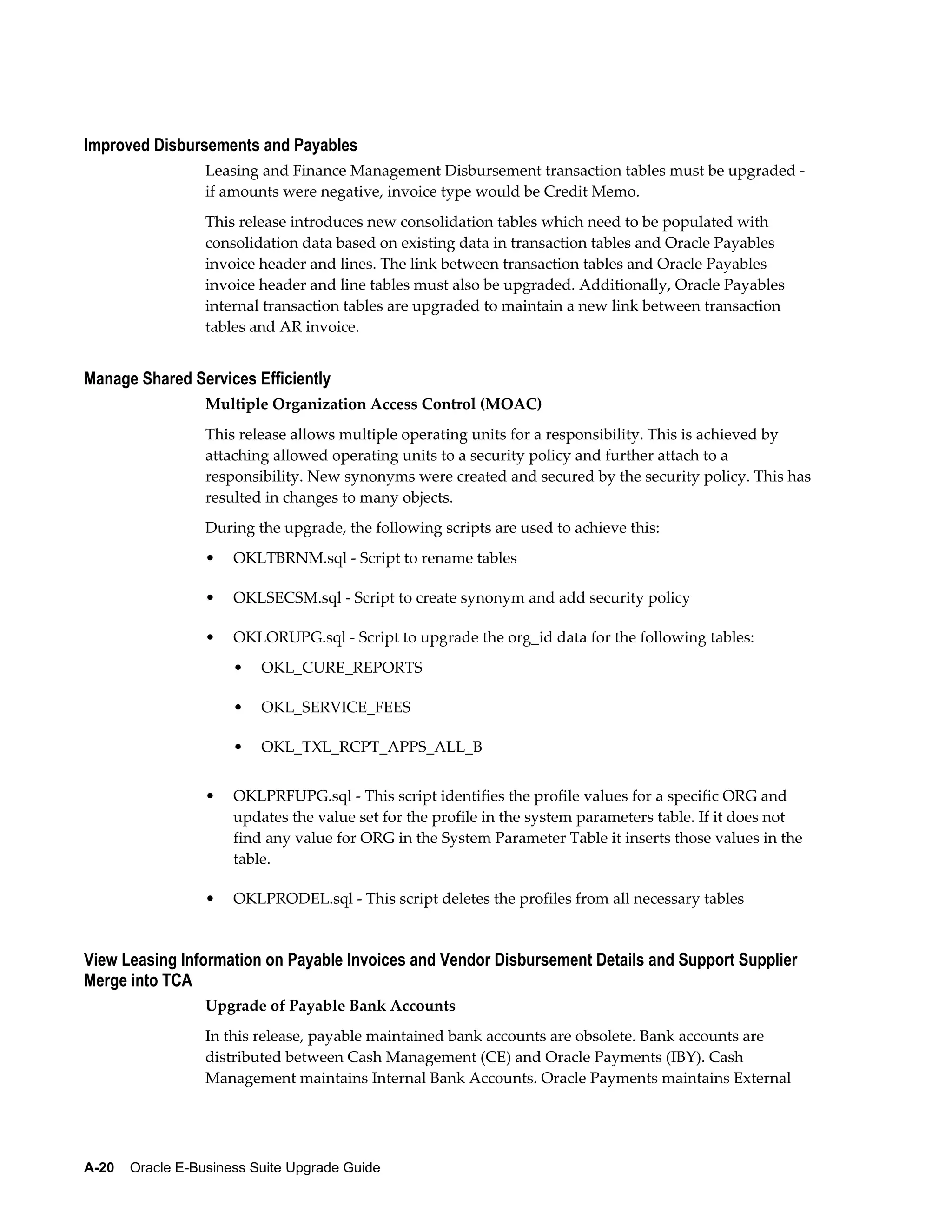 Improved Disbursements and Payables
                  Leasing and Finance Management Disbursement transaction tables must be upgraded -
                  if amounts were negative, invoice type would be Credit Memo.
                  This release introduces new consolidation tables which need to be populated with
                  consolidation data based on existing data in transaction tables and Oracle Payables
                  invoice header and lines. The link between transaction tables and Oracle Payables
                  invoice header and line tables must also be upgraded. Additionally, Oracle Payables
                  internal transaction tables are upgraded to maintain a new link between transaction
                  tables and AR invoice.


Manage Shared Services Efficiently
                  Multiple Organization Access Control (MOAC)
                  This release allows multiple operating units for a responsibility. This is achieved by
                  attaching allowed operating units to a security policy and further attach to a
                  responsibility. New synonyms were created and secured by the security policy. This has
                  resulted in changes to many objects.
                  During the upgrade, the following scripts are used to achieve this:
                  •   OKLTBRNM.sql - Script to rename tables

                  •   OKLSECSM.sql - Script to create synonym and add security policy

                  •   OKLORUPG.sql - Script to upgrade the org_id data for the following tables:
                      •   OKL_CURE_REPORTS

                      •   OKL_SERVICE_FEES

                      •   OKL_TXL_RCPT_APPS_ALL_B


                  •   OKLPRFUPG.sql - This script identifies the profile values for a specific ORG and
                      updates the value set for the profile in the system parameters table. If it does not
                      find any value for ORG in the System Parameter Table it inserts those values in the
                      table.

                  •   OKLPRODEL.sql - This script deletes the profiles from all necessary tables


View Leasing Information on Payable Invoices and Vendor Disbursement Details and Support Supplier
Merge into TCA
                  Upgrade of Payable Bank Accounts
                  In this release, payable maintained bank accounts are obsolete. Bank accounts are
                  distributed between Cash Management (CE) and Oracle Payments (IBY). Cash
                  Management maintains Internal Bank Accounts. Oracle Payments maintains External




A-20    Oracle E-Business Suite Upgrade Guide
 