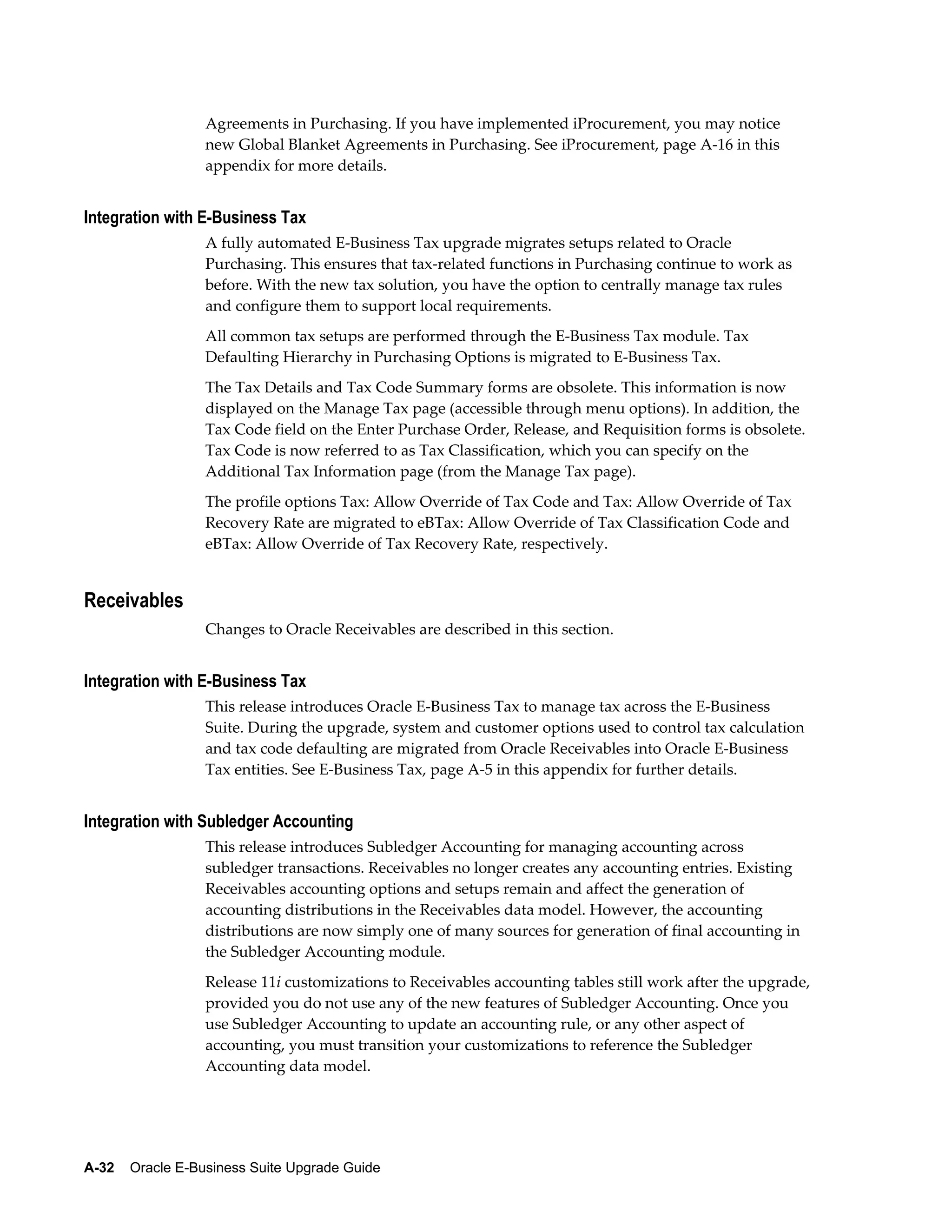 Agreements in Purchasing. If you have implemented iProcurement, you may notice
                  new Global Blanket Agreements in Purchasing. See iProcurement, page A-16 in this
                  appendix for more details.


Integration with E-Business Tax
                  A fully automated E-Business Tax upgrade migrates setups related to Oracle
                  Purchasing. This ensures that tax-related functions in Purchasing continue to work as
                  before. With the new tax solution, you have the option to centrally manage tax rules
                  and configure them to support local requirements.
                  All common tax setups are performed through the E-Business Tax module. Tax
                  Defaulting Hierarchy in Purchasing Options is migrated to E-Business Tax.
                  The Tax Details and Tax Code Summary forms are obsolete. This information is now
                  displayed on the Manage Tax page (accessible through menu options). In addition, the
                  Tax Code field on the Enter Purchase Order, Release, and Requisition forms is obsolete.
                  Tax Code is now referred to as Tax Classification, which you can specify on the
                  Additional Tax Information page (from the Manage Tax page).
                  The profile options Tax: Allow Override of Tax Code and Tax: Allow Override of Tax
                  Recovery Rate are migrated to eBTax: Allow Override of Tax Classification Code and
                  eBTax: Allow Override of Tax Recovery Rate, respectively.


Receivables
                  Changes to Oracle Receivables are described in this section.


Integration with E-Business Tax
                  This release introduces Oracle E-Business Tax to manage tax across the E-Business
                  Suite. During the upgrade, system and customer options used to control tax calculation
                  and tax code defaulting are migrated from Oracle Receivables into Oracle E-Business
                  Tax entities. See E-Business Tax, page A-5 in this appendix for further details.


Integration with Subledger Accounting
                  This release introduces Subledger Accounting for managing accounting across
                  subledger transactions. Receivables no longer creates any accounting entries. Existing
                  Receivables accounting options and setups remain and affect the generation of
                  accounting distributions in the Receivables data model. However, the accounting
                  distributions are now simply one of many sources for generation of final accounting in
                  the Subledger Accounting module.
                  Release 11i customizations to Receivables accounting tables still work after the upgrade,
                  provided you do not use any of the new features of Subledger Accounting. Once you
                  use Subledger Accounting to update an accounting rule, or any other aspect of
                  accounting, you must transition your customizations to reference the Subledger
                  Accounting data model.




A-32    Oracle E-Business Suite Upgrade Guide
 