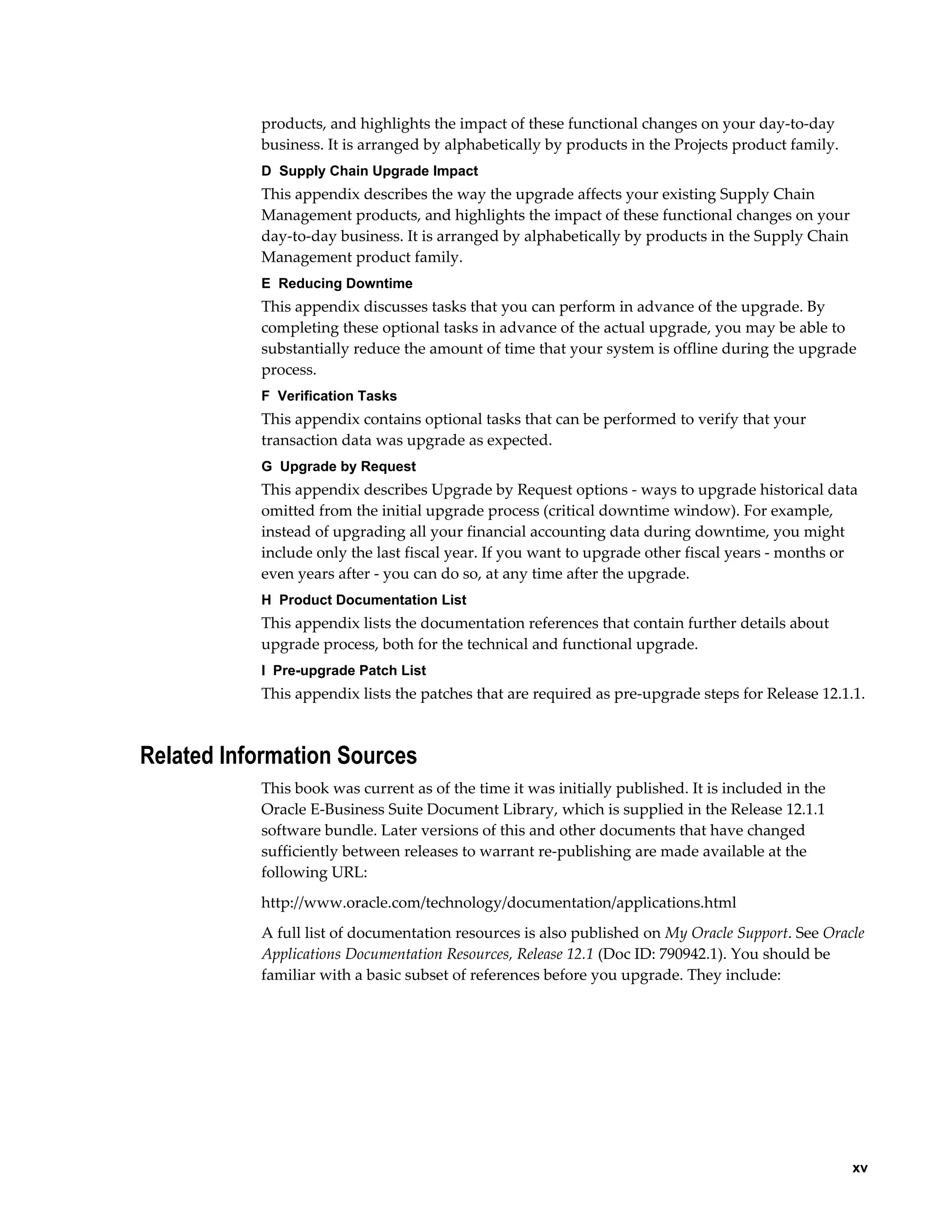 products, and highlights the impact of these functional changes on your day-to-day
           business. It is arranged by alphabetically by products in the Projects product family.
           D  Supply Chain Upgrade Impact
           This appendix describes the way the upgrade affects your existing Supply Chain
           Management products, and highlights the impact of these functional changes on your
           day-to-day business. It is arranged by alphabetically by products in the Supply Chain
           Management product family.
           E  Reducing Downtime
           This appendix discusses tasks that you can perform in advance of the upgrade. By
           completing these optional tasks in advance of the actual upgrade, you may be able to
           substantially reduce the amount of time that your system is offline during the upgrade
           process.
           F  Verification Tasks
           This appendix contains optional tasks that can be performed to verify that your
           transaction data was upgrade as expected.
           G  Upgrade by Request
           This appendix describes Upgrade by Request options - ways to upgrade historical data
           omitted from the initial upgrade process (critical downtime window). For example,
           instead of upgrading all your financial accounting data during downtime, you might
           include only the last fiscal year. If you want to upgrade other fiscal years - months or
           even years after - you can do so, at any time after the upgrade.
           H  Product Documentation List
           This appendix lists the documentation references that contain further details about
           upgrade process, both for the technical and functional upgrade.
           I  Pre-upgrade Patch List
           This appendix lists the patches that are required as pre-upgrade steps for Release 12.1.1.



Related Information Sources
           This book was current as of the time it was initially published. It is included in the
           Oracle E-Business Suite Document Library, which is supplied in the Release 12.1.1
           software bundle. Later versions of this and other documents that have changed
           sufficiently between releases to warrant re-publishing are made available at the
           following URL:
           http://www.oracle.com/technology/documentation/applications.html
           A full list of documentation resources is also published on My Oracle Support. See Oracle
           Applications Documentation Resources, Release 12.1 (Doc ID: 790942.1). You should be
           familiar with a basic subset of references before you upgrade. They include:




                                                                                                        xv
 