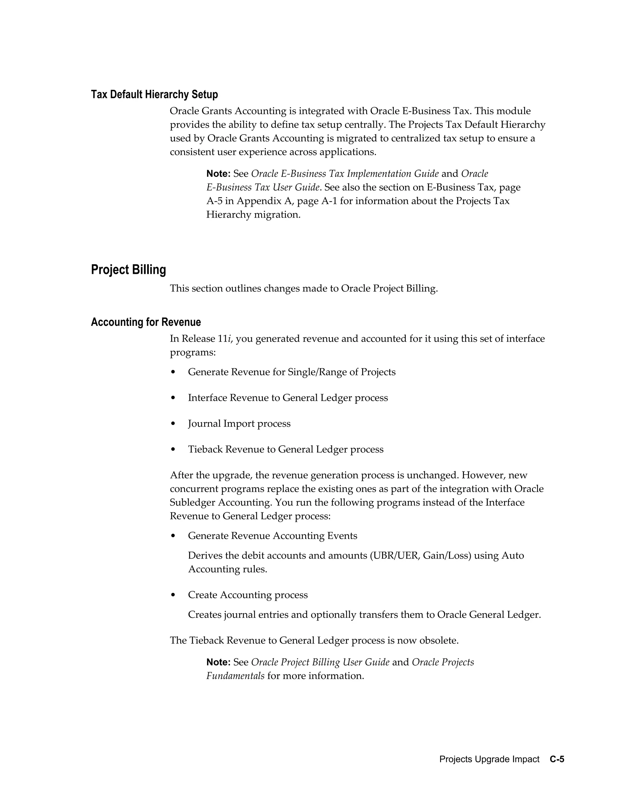 Tax Default Hierarchy Setup
                  Oracle Grants Accounting is integrated with Oracle E-Business Tax. This module
                  provides the ability to define tax setup centrally. The Projects Tax Default Hierarchy
                  used by Oracle Grants Accounting is migrated to centralized tax setup to ensure a
                  consistent user experience across applications.

                          Note: See Oracle E-Business Tax Implementation Guide and Oracle
                          E-Business Tax User Guide. See also the section on E-Business Tax, page
                          A-5 in Appendix A, page A-1 for information about the Projects Tax
                          Hierarchy migration.




Project Billing
                  This section outlines changes made to Oracle Project Billing.


Accounting for Revenue
                  In Release 11i, you generated revenue and accounted for it using this set of interface
                  programs:
                  •   Generate Revenue for Single/Range of Projects

                  •   Interface Revenue to General Ledger process

                  •   Journal Import process

                  •   Tieback Revenue to General Ledger process

                  After the upgrade, the revenue generation process is unchanged. However, new
                  concurrent programs replace the existing ones as part of the integration with Oracle
                  Subledger Accounting. You run the following programs instead of the Interface
                  Revenue to General Ledger process:
                  •   Generate Revenue Accounting Events
                      Derives the debit accounts and amounts (UBR/UER, Gain/Loss) using Auto
                      Accounting rules.

                  •   Create Accounting process
                      Creates journal entries and optionally transfers them to Oracle General Ledger.

                  The Tieback Revenue to General Ledger process is now obsolete.

                          Note: See Oracle Project Billing User Guide and Oracle Projects
                          Fundamentals for more information.




                                                                                  Projects Upgrade Impact    C-5
 
