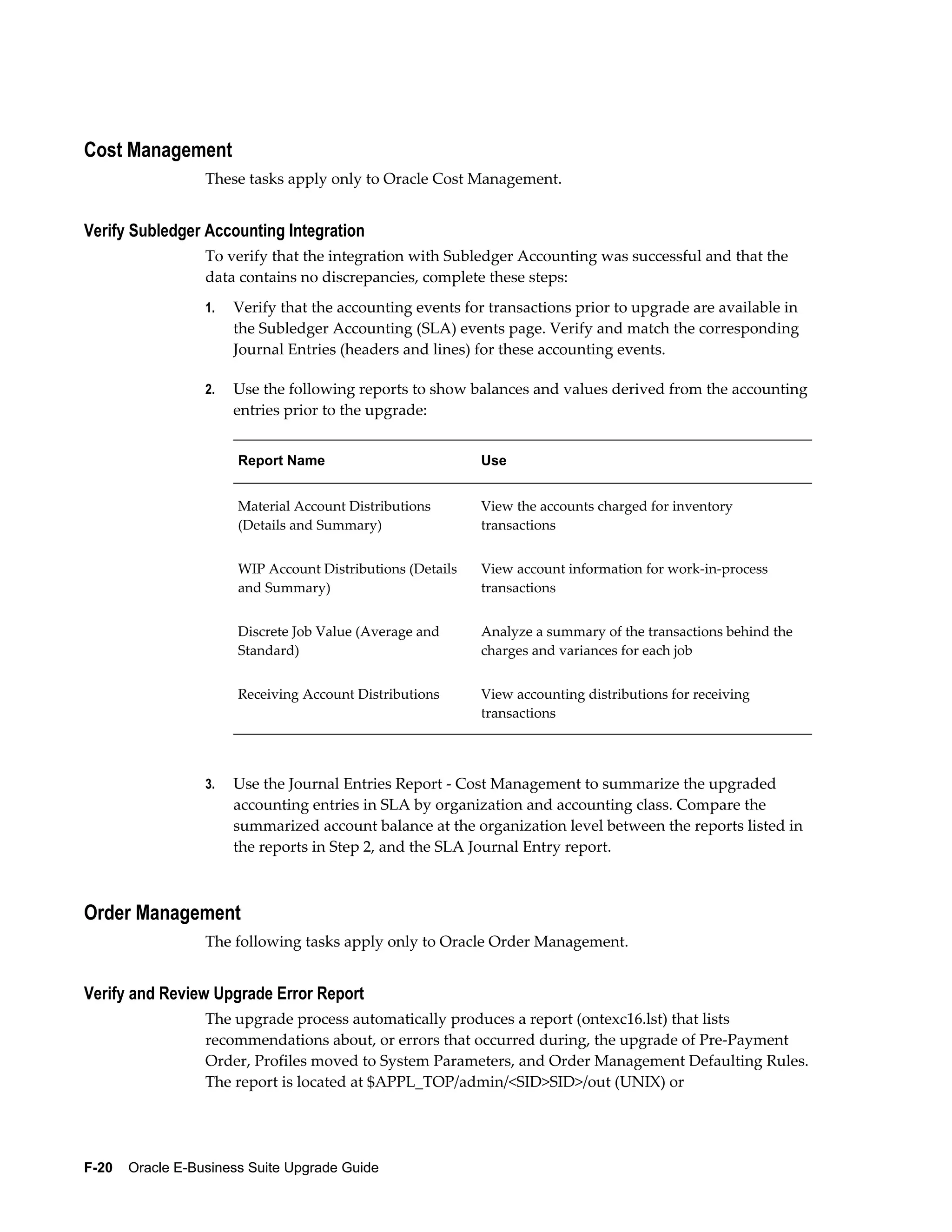 Cost Management
                  These tasks apply only to Oracle Cost Management.


Verify Subledger Accounting Integration
                  To verify that the integration with Subledger Accounting was successful and that the
                  data contains no discrepancies, complete these steps:
                  1.   Verify that the accounting events for transactions prior to upgrade are available in
                       the Subledger Accounting (SLA) events page. Verify and match the corresponding
                       Journal Entries (headers and lines) for these accounting events.

                  2.   Use the following reports to show balances and values derived from the accounting
                       entries prior to the upgrade:


                       Report Name                          Use


                       Material Account Distributions       View the accounts charged for inventory
                       (Details and Summary)                transactions


                       WIP Account Distributions (Details   View account information for work-in-process
                       and Summary)                         transactions


                       Discrete Job Value (Average and      Analyze a summary of the transactions behind the
                       Standard)                            charges and variances for each job


                       Receiving Account Distributions      View accounting distributions for receiving
                                                            transactions




                  3.   Use the Journal Entries Report - Cost Management to summarize the upgraded
                       accounting entries in SLA by organization and accounting class. Compare the
                       summarized account balance at the organization level between the reports listed in
                       the reports in Step 2, and the SLA Journal Entry report.



Order Management
                  The following tasks apply only to Oracle Order Management.


Verify and Review Upgrade Error Report
                  The upgrade process automatically produces a report (ontexc16.lst) that lists
                  recommendations about, or errors that occurred during, the upgrade of Pre-Payment
                  Order, Profiles moved to System Parameters, and Order Management Defaulting Rules.
                  The report is located at $APPL_TOP/admin/<SID>SID>/out (UNIX) or




F-20    Oracle E-Business Suite Upgrade Guide
 