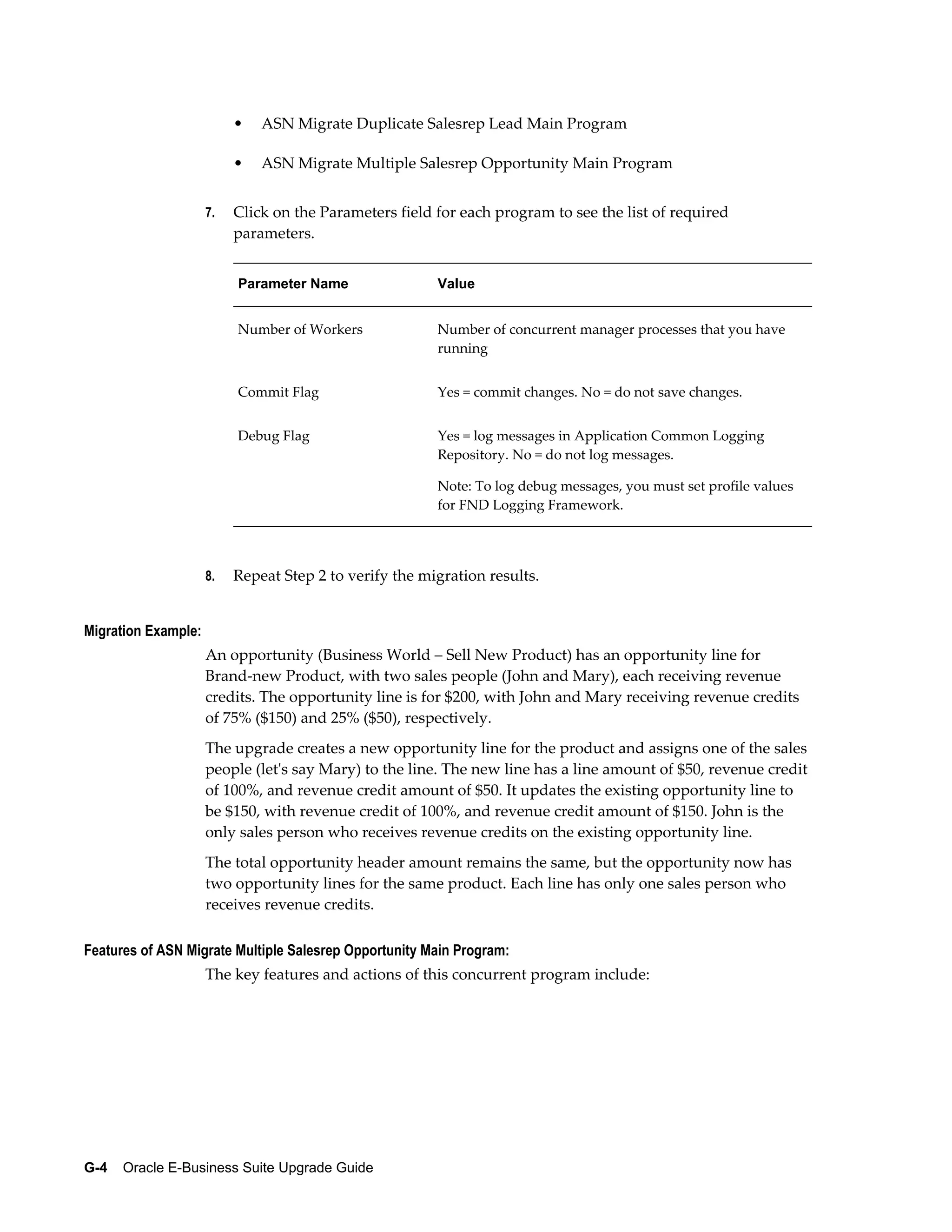 •   ASN Migrate Duplicate Salesrep Lead Main Program

                          •   ASN Migrate Multiple Salesrep Opportunity Main Program


                     7.   Click on the Parameters field for each program to see the list of required
                          parameters.


                          Parameter Name                Value


                          Number of Workers             Number of concurrent manager processes that you have
                                                        running


                          Commit Flag                   Yes = commit changes. No = do not save changes.


                          Debug Flag                    Yes = log messages in Application Common Logging
                                                        Repository. No = do not log messages.

                                                        Note: To log debug messages, you must set profile values
                                                        for FND Logging Framework.




                     8.   Repeat Step 2 to verify the migration results.


Migration Example:
                     An opportunity (Business World – Sell New Product) has an opportunity line for
                     Brand-new Product, with two sales people (John and Mary), each receiving revenue
                     credits. The opportunity line is for $200, with John and Mary receiving revenue credits
                     of 75% ($150) and 25% ($50), respectively.
                     The upgrade creates a new opportunity line for the product and assigns one of the sales
                     people (let's say Mary) to the line. The new line has a line amount of $50, revenue credit
                     of 100%, and revenue credit amount of $50. It updates the existing opportunity line to
                     be $150, with revenue credit of 100%, and revenue credit amount of $150. John is the
                     only sales person who receives revenue credits on the existing opportunity line.
                     The total opportunity header amount remains the same, but the opportunity now has
                     two opportunity lines for the same product. Each line has only one sales person who
                     receives revenue credits.

Features of ASN Migrate Multiple Salesrep Opportunity Main Program:
                     The key features and actions of this concurrent program include:




G-4    Oracle E-Business Suite Upgrade Guide
 