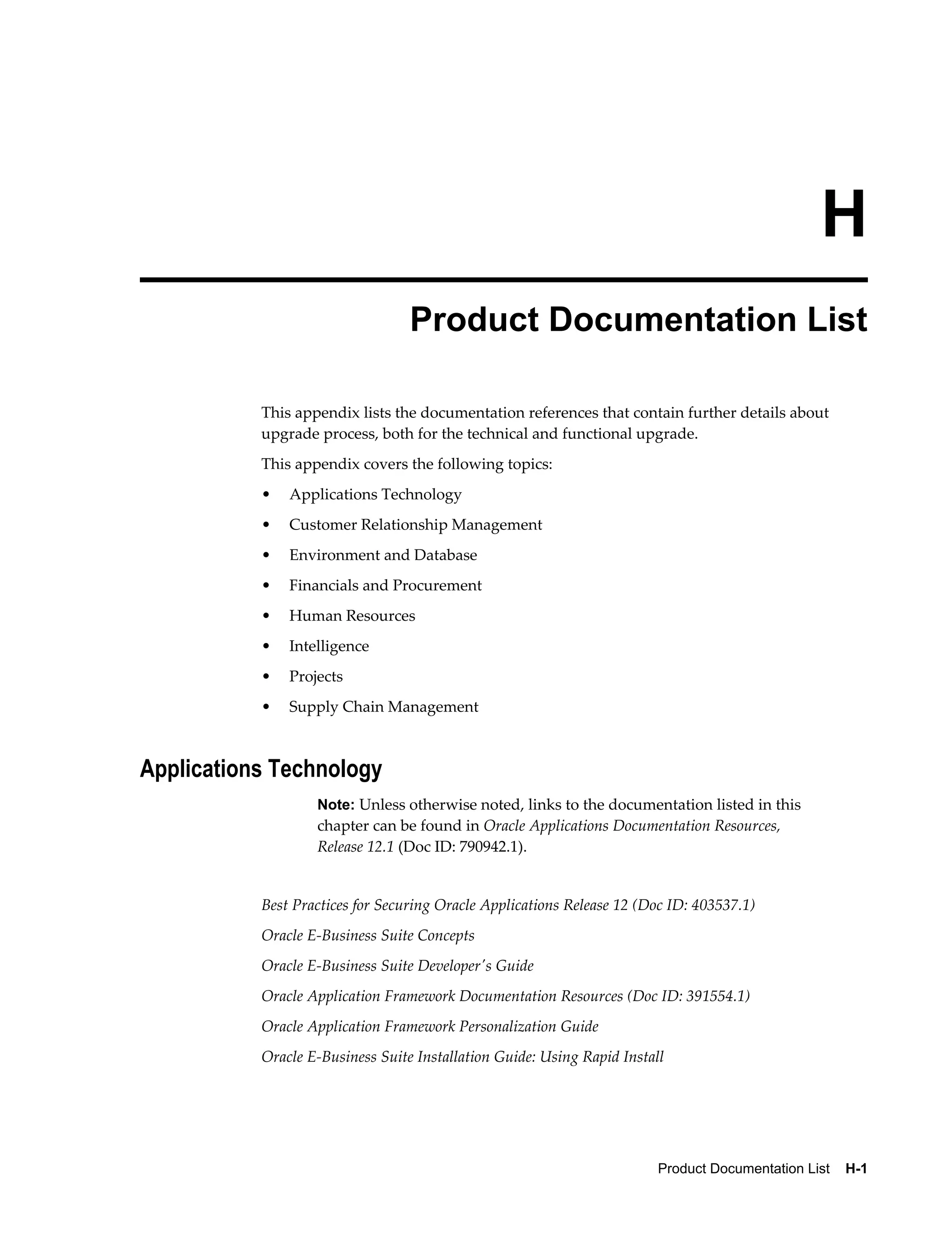 H
                                  Product Documentation List

           This appendix lists the documentation references that contain further details about
           upgrade process, both for the technical and functional upgrade.
           This appendix covers the following topics:
           •   Applications Technology
           •   Customer Relationship Management
           •   Environment and Database
           •   Financials and Procurement
           •   Human Resources
           •   Intelligence
           •   Projects
           •   Supply Chain Management



Applications Technology
                   Note: Unless otherwise noted, links to the documentation listed in this
                   chapter can be found in Oracle Applications Documentation Resources,
                   Release 12.1 (Doc ID: 790942.1).


           Best Practices for Securing Oracle Applications Release 12 (Doc ID: 403537.1)
           Oracle E-Business Suite Concepts
           Oracle E-Business Suite Developer's Guide
           Oracle Application Framework Documentation Resources (Doc ID: 391554.1)
           Oracle Application Framework Personalization Guide
           Oracle E-Business Suite Installation Guide: Using Rapid Install




                                                                         Product Documentation List    H-1
 