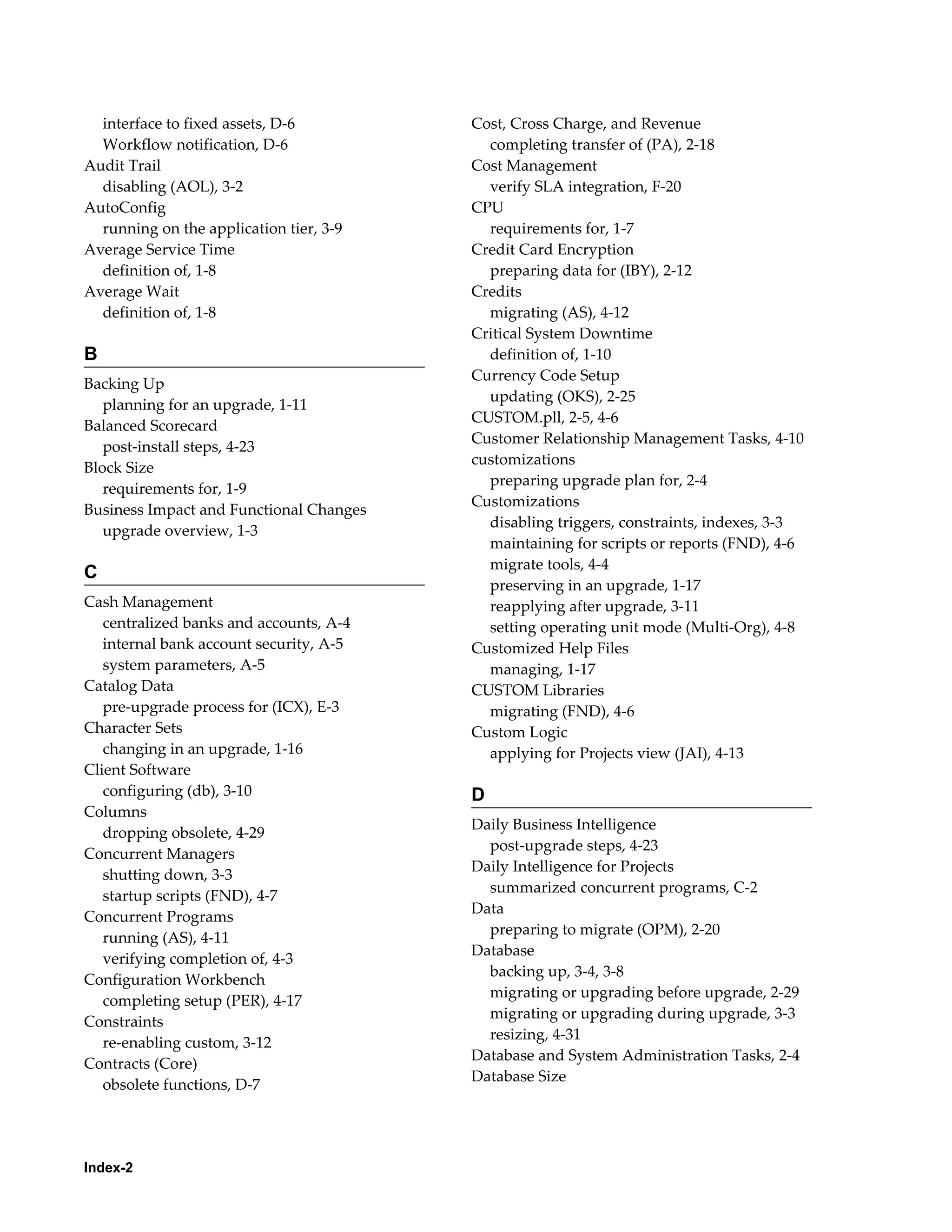 interface to fixed assets, D-6         Cost, Cross Charge, and Revenue
  Workflow notification, D-6               completing transfer of (PA), 2-18
Audit Trail                              Cost Management
  disabling (AOL), 3-2                     verify SLA integration, F-20
AutoConfig                               CPU
  running on the application tier, 3-9     requirements for, 1-7
Average Service Time                     Credit Card Encryption
  definition of, 1-8                       preparing data for (IBY), 2-12
Average Wait                             Credits
  definition of, 1-8                       migrating (AS), 4-12
                                         Critical System Downtime
B                                          definition of, 1-10
                                         Currency Code Setup
Backing Up
                                           updating (OKS), 2-25
   planning for an upgrade, 1-11
                                         CUSTOM.pll, 2-5, 4-6
Balanced Scorecard
                                         Customer Relationship Management Tasks, 4-10
   post-install steps, 4-23
                                         customizations
Block Size
                                           preparing upgrade plan for, 2-4
   requirements for, 1-9
                                         Customizations
Business Impact and Functional Changes
                                           disabling triggers, constraints, indexes, 3-3
   upgrade overview, 1-3
                                           maintaining for scripts or reports (FND), 4-6
                                           migrate tools, 4-4
C
                                           preserving in an upgrade, 1-17
Cash Management                            reapplying after upgrade, 3-11
   centralized banks and accounts, A-4     setting operating unit mode (Multi-Org), 4-8
   internal bank account security, A-5   Customized Help Files
   system parameters, A-5                  managing, 1-17
Catalog Data                             CUSTOM Libraries
   pre-upgrade process for (ICX), E-3      migrating (FND), 4-6
Character Sets                           Custom Logic
   changing in an upgrade, 1-16            applying for Projects view (JAI), 4-13
Client Software
   configuring (db), 3-10                D
Columns
                                         Daily Business Intelligence
   dropping obsolete, 4-29
                                           post-upgrade steps, 4-23
Concurrent Managers
                                         Daily Intelligence for Projects
   shutting down, 3-3
                                           summarized concurrent programs, C-2
   startup scripts (FND), 4-7
                                         Data
Concurrent Programs
                                           preparing to migrate (OPM), 2-20
   running (AS), 4-11
                                         Database
   verifying completion of, 4-3
                                           backing up, 3-4, 3-8
Configuration Workbench
                                           migrating or upgrading before upgrade, 2-29
   completing setup (PER), 4-17
                                           migrating or upgrading during upgrade, 3-3
Constraints
                                           resizing, 4-31
   re-enabling custom, 3-12
                                         Database and System Administration Tasks, 2-4
Contracts (Core)
                                         Database Size
   obsolete functions, D-7




Index-2
 