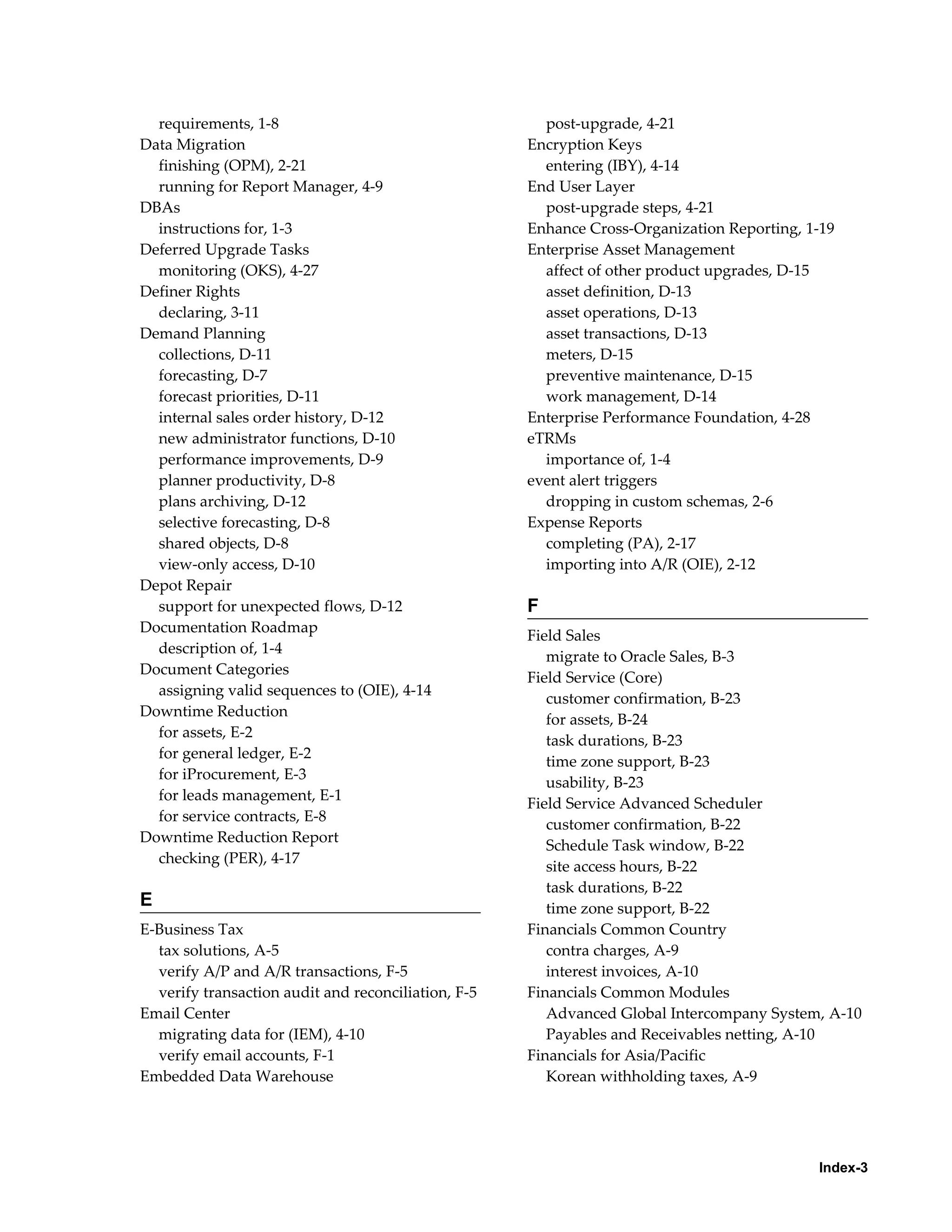 requirements, 1-8                                    post-upgrade, 4-21
Data Migration                                       Encryption Keys
  finishing (OPM), 2-21                                entering (IBY), 4-14
  running for Report Manager, 4-9                    End User Layer
DBAs                                                   post-upgrade steps, 4-21
  instructions for, 1-3                              Enhance Cross-Organization Reporting, 1-19
Deferred Upgrade Tasks                               Enterprise Asset Management
  monitoring (OKS), 4-27                               affect of other product upgrades, D-15
Definer Rights                                         asset definition, D-13
  declaring, 3-11                                      asset operations, D-13
Demand Planning                                        asset transactions, D-13
  collections, D-11                                    meters, D-15
  forecasting, D-7                                     preventive maintenance, D-15
  forecast priorities, D-11                            work management, D-14
  internal sales order history, D-12                 Enterprise Performance Foundation, 4-28
  new administrator functions, D-10                  eTRMs
  performance improvements, D-9                        importance of, 1-4
  planner productivity, D-8                          event alert triggers
  plans archiving, D-12                                dropping in custom schemas, 2-6
  selective forecasting, D-8                         Expense Reports
  shared objects, D-8                                  completing (PA), 2-17
  view-only access, D-10                               importing into A/R (OIE), 2-12
Depot Repair
  support for unexpected flows, D-12                 F
Documentation Roadmap
                                                     Field Sales
  description of, 1-4
                                                        migrate to Oracle Sales, B-3
Document Categories
                                                     Field Service (Core)
  assigning valid sequences to (OIE), 4-14
                                                        customer confirmation, B-23
Downtime Reduction
                                                        for assets, B-24
  for assets, E-2
                                                        task durations, B-23
  for general ledger, E-2
                                                        time zone support, B-23
  for iProcurement, E-3
                                                        usability, B-23
  for leads management, E-1
                                                     Field Service Advanced Scheduler
  for service contracts, E-8
                                                        customer confirmation, B-22
Downtime Reduction Report
                                                        Schedule Task window, B-22
  checking (PER), 4-17
                                                        site access hours, B-22
                                                        task durations, B-22
E                                                       time zone support, B-22
E-Business Tax                                       Financials Common Country
  tax solutions, A-5                                    contra charges, A-9
  verify A/P and A/R transactions, F-5                  interest invoices, A-10
  verify transaction audit and reconciliation, F-5   Financials Common Modules
Email Center                                            Advanced Global Intercompany System, A-10
  migrating data for (IEM), 4-10                        Payables and Receivables netting, A-10
  verify email accounts, F-1                         Financials for Asia/Pacific
Embedded Data Warehouse                                 Korean withholding taxes, A-9




                                                                                            Index-3
 