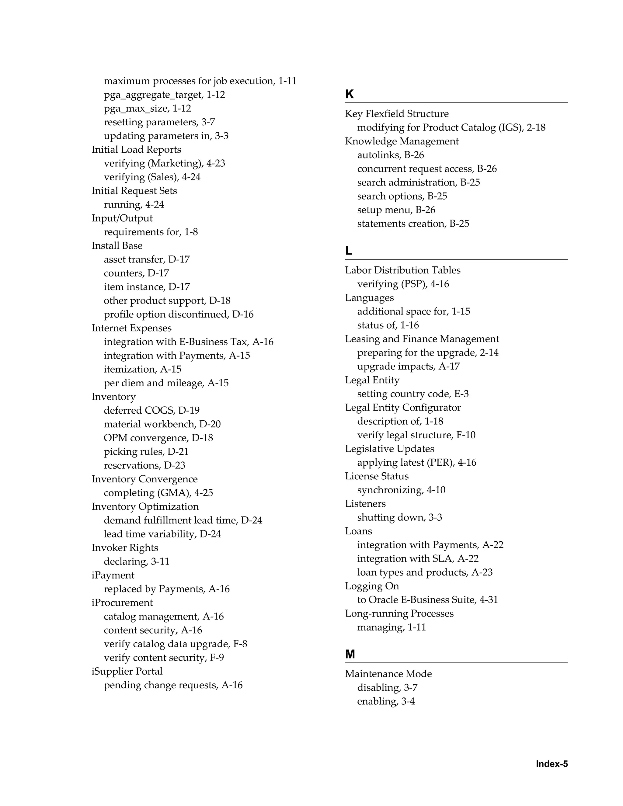 maximum processes for job execution, 1-11
   pga_aggregate_target, 1-12                  K
   pga_max_size, 1-12
                                               Key Flexfield Structure
   resetting parameters, 3-7
                                                 modifying for Product Catalog (IGS), 2-18
   updating parameters in, 3-3
                                               Knowledge Management
Initial Load Reports
                                                 autolinks, B-26
   verifying (Marketing), 4-23
                                                 concurrent request access, B-26
   verifying (Sales), 4-24
                                                 search administration, B-25
Initial Request Sets
                                                 search options, B-25
   running, 4-24
                                                 setup menu, B-26
Input/Output
                                                 statements creation, B-25
   requirements for, 1-8
Install Base
                                               L
   asset transfer, D-17
   counters, D-17                              Labor Distribution Tables
   item instance, D-17                            verifying (PSP), 4-16
   other product support, D-18                 Languages
   profile option discontinued, D-16              additional space for, 1-15
Internet Expenses                                 status of, 1-16
   integration with E-Business Tax, A-16       Leasing and Finance Management
   integration with Payments, A-15                preparing for the upgrade, 2-14
   itemization, A-15                              upgrade impacts, A-17
   per diem and mileage, A-15                  Legal Entity
Inventory                                         setting country code, E-3
   deferred COGS, D-19                         Legal Entity Configurator
   material workbench, D-20                       description of, 1-18
   OPM convergence, D-18                          verify legal structure, F-10
   picking rules, D-21                         Legislative Updates
   reservations, D-23                             applying latest (PER), 4-16
Inventory Convergence                          License Status
   completing (GMA), 4-25                         synchronizing, 4-10
Inventory Optimization                         Listeners
   demand fulfillment lead time, D-24             shutting down, 3-3
   lead time variability, D-24                 Loans
Invoker Rights                                    integration with Payments, A-22
   declaring, 3-11                                integration with SLA, A-22
iPayment                                          loan types and products, A-23
   replaced by Payments, A-16                  Logging On
iProcurement                                      to Oracle E-Business Suite, 4-31
   catalog management, A-16                    Long-running Processes
   content security, A-16                         managing, 1-11
   verify catalog data upgrade, F-8
   verify content security, F-9                M
iSupplier Portal                               Maintenance Mode
   pending change requests, A-16                 disabling, 3-7
                                                 enabling, 3-4




                                                                                       Index-5
 