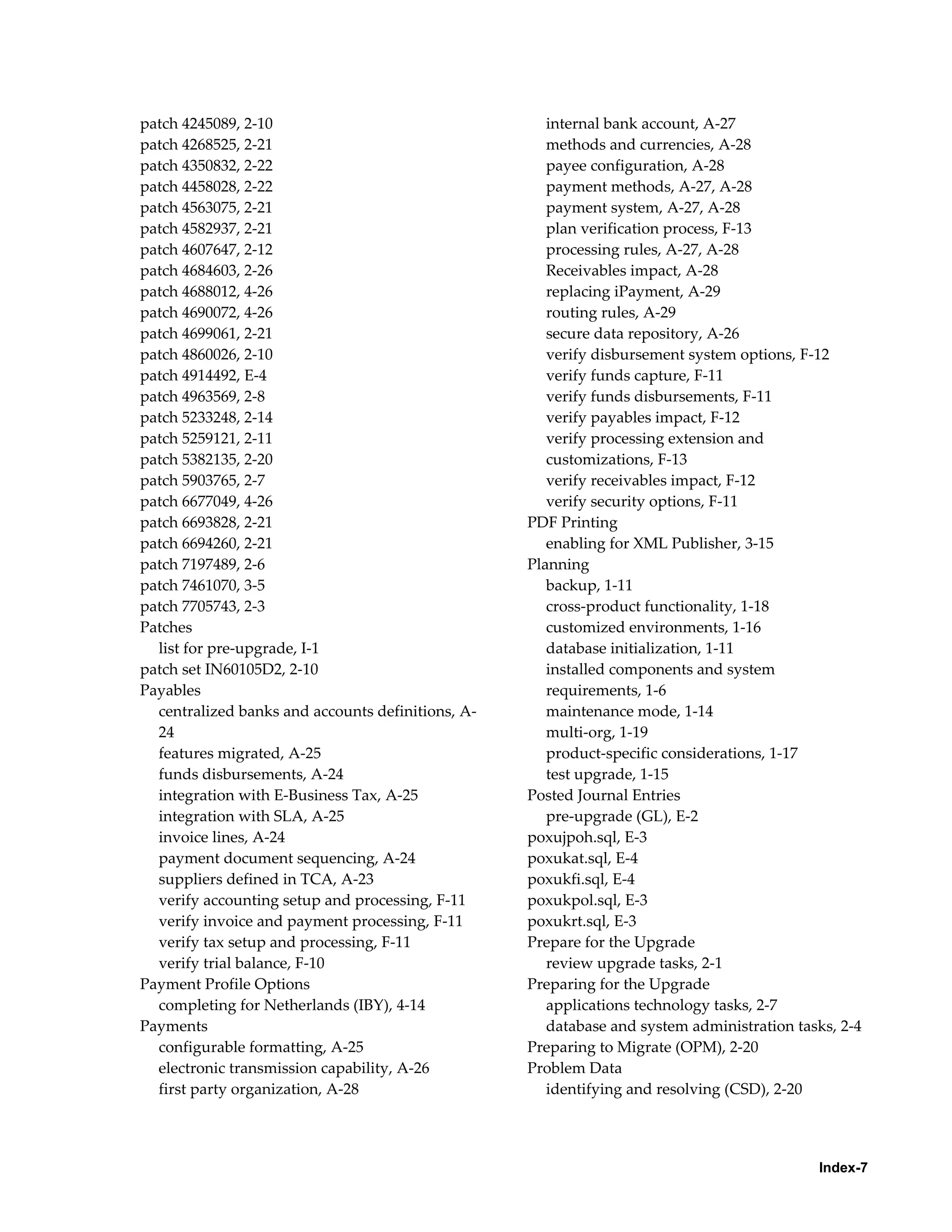 patch 4245089, 2-10                                   internal bank account, A-27
patch 4268525, 2-21                                   methods and currencies, A-28
patch 4350832, 2-22                                   payee configuration, A-28
patch 4458028, 2-22                                   payment methods, A-27, A-28
patch 4563075, 2-21                                   payment system, A-27, A-28
patch 4582937, 2-21                                   plan verification process, F-13
patch 4607647, 2-12                                   processing rules, A-27, A-28
patch 4684603, 2-26                                   Receivables impact, A-28
patch 4688012, 4-26                                   replacing iPayment, A-29
patch 4690072, 4-26                                   routing rules, A-29
patch 4699061, 2-21                                   secure data repository, A-26
patch 4860026, 2-10                                   verify disbursement system options, F-12
patch 4914492, E-4                                    verify funds capture, F-11
patch 4963569, 2-8                                    verify funds disbursements, F-11
patch 5233248, 2-14                                   verify payables impact, F-12
patch 5259121, 2-11                                   verify processing extension and
patch 5382135, 2-20                                   customizations, F-13
patch 5903765, 2-7                                    verify receivables impact, F-12
patch 6677049, 4-26                                   verify security options, F-11
patch 6693828, 2-21                                PDF Printing
patch 6694260, 2-21                                   enabling for XML Publisher, 3-15
patch 7197489, 2-6                                 Planning
patch 7461070, 3-5                                    backup, 1-11
patch 7705743, 2-3                                    cross-product functionality, 1-18
Patches                                               customized environments, 1-16
  list for pre-upgrade, I-1                           database initialization, 1-11
patch set IN60105D2, 2-10                             installed components and system
Payables                                              requirements, 1-6
  centralized banks and accounts definitions, A-      maintenance mode, 1-14
  24                                                  multi-org, 1-19
  features migrated, A-25                             product-specific considerations, 1-17
  funds disbursements, A-24                           test upgrade, 1-15
  integration with E-Business Tax, A-25            Posted Journal Entries
  integration with SLA, A-25                          pre-upgrade (GL), E-2
  invoice lines, A-24                              poxujpoh.sql, E-3
  payment document sequencing, A-24                poxukat.sql, E-4
  suppliers defined in TCA, A-23                   poxukfi.sql, E-4
  verify accounting setup and processing, F-11     poxukpol.sql, E-3
  verify invoice and payment processing, F-11      poxukrt.sql, E-3
  verify tax setup and processing, F-11            Prepare for the Upgrade
  verify trial balance, F-10                          review upgrade tasks, 2-1
Payment Profile Options                            Preparing for the Upgrade
  completing for Netherlands (IBY), 4-14              applications technology tasks, 2-7
Payments                                              database and system administration tasks, 2-4
  configurable formatting, A-25                    Preparing to Migrate (OPM), 2-20
  electronic transmission capability, A-26         Problem Data
  first party organization, A-28                      identifying and resolving (CSD), 2-20




                                                                                            Index-7
 