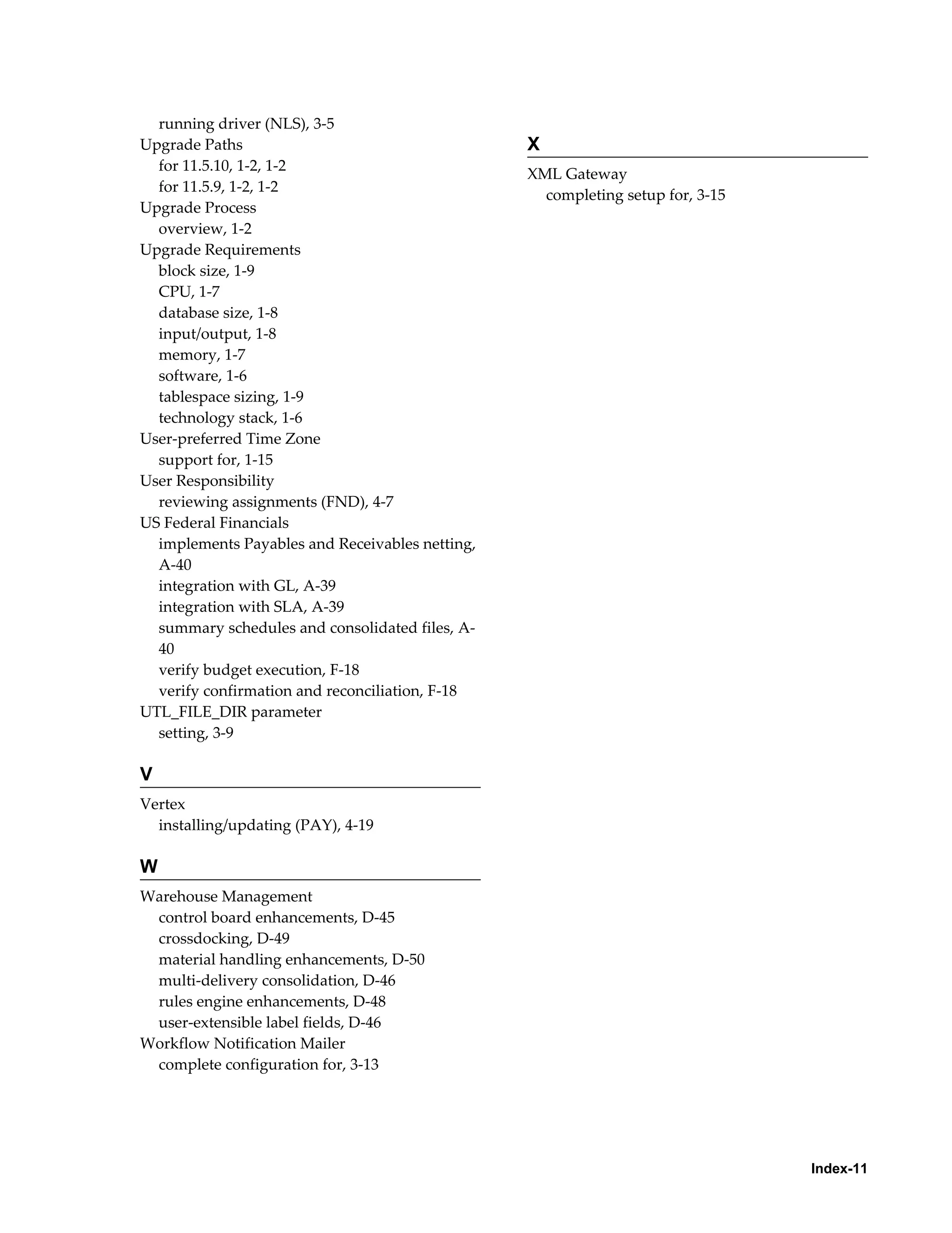 running driver (NLS), 3-5
Upgrade Paths                                    X
  for 11.5.10, 1-2, 1-2
                                                 XML Gateway
  for 11.5.9, 1-2, 1-2
                                                   completing setup for, 3-15
Upgrade Process
  overview, 1-2
Upgrade Requirements
  block size, 1-9
  CPU, 1-7
  database size, 1-8
  input/output, 1-8
  memory, 1-7
  software, 1-6
  tablespace sizing, 1-9
  technology stack, 1-6
User-preferred Time Zone
  support for, 1-15
User Responsibility
  reviewing assignments (FND), 4-7
US Federal Financials
  implements Payables and Receivables netting,
  A-40
  integration with GL, A-39
  integration with SLA, A-39
  summary schedules and consolidated files, A-
  40
  verify budget execution, F-18
  verify confirmation and reconciliation, F-18
UTL_FILE_DIR parameter
  setting, 3-9

V
Vertex
  installing/updating (PAY), 4-19

W
Warehouse Management
 control board enhancements, D-45
 crossdocking, D-49
 material handling enhancements, D-50
 multi-delivery consolidation, D-46
 rules engine enhancements, D-48
 user-extensible label fields, D-46
Workflow Notification Mailer
 complete configuration for, 3-13




                                                                                Index-11
 