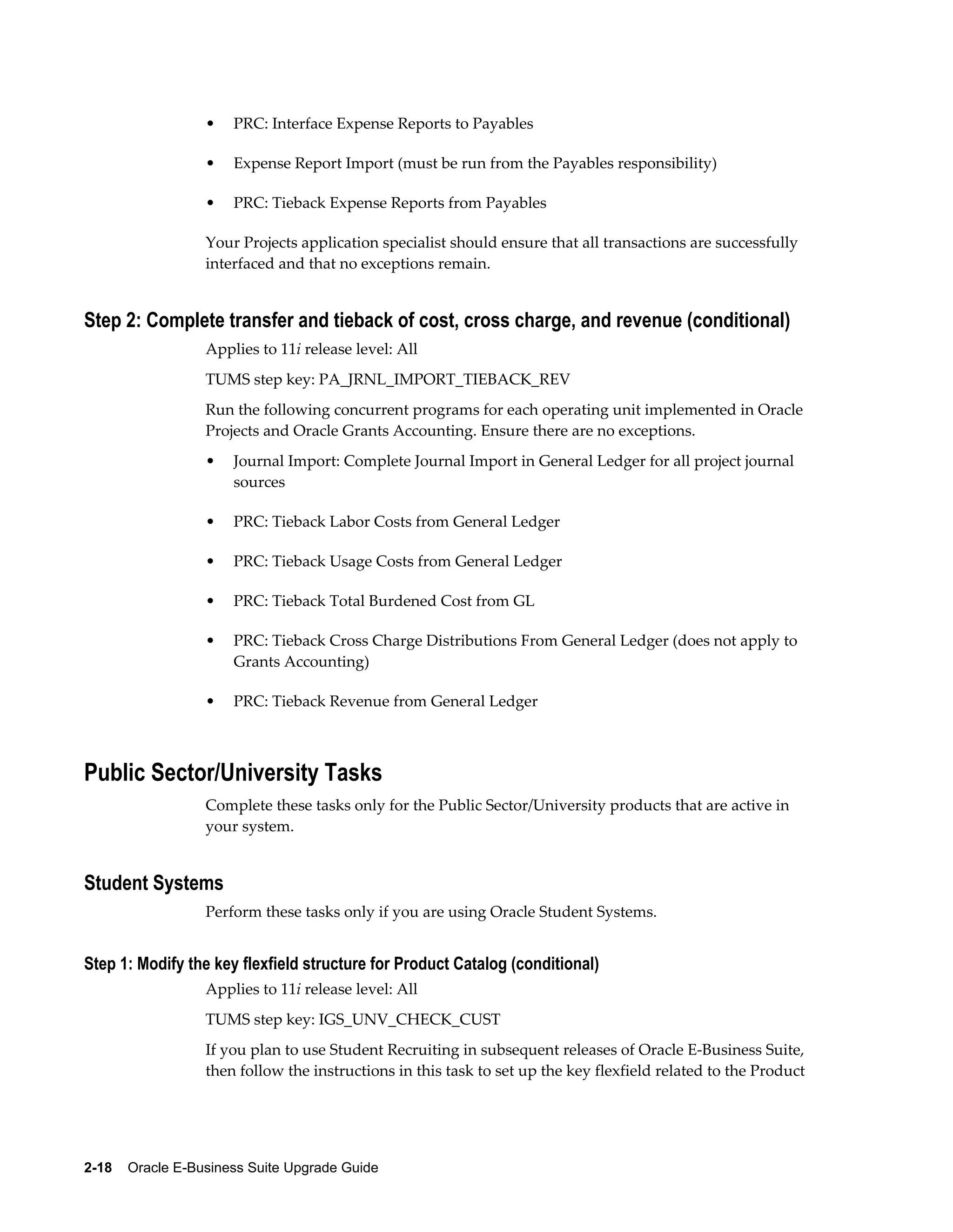 •   PRC: Interface Expense Reports to Payables

                  •   Expense Report Import (must be run from the Payables responsibility)

                  •   PRC: Tieback Expense Reports from Payables

                  Your Projects application specialist should ensure that all transactions are successfully
                  interfaced and that no exceptions remain.


Step 2: Complete transfer and tieback of cost, cross charge, and revenue (conditional)
                  Applies to 11i release level: All
                  TUMS step key: PA_JRNL_IMPORT_TIEBACK_REV
                  Run the following concurrent programs for each operating unit implemented in Oracle
                  Projects and Oracle Grants Accounting. Ensure there are no exceptions.
                  •   Journal Import: Complete Journal Import in General Ledger for all project journal
                      sources

                  •   PRC: Tieback Labor Costs from General Ledger

                  •   PRC: Tieback Usage Costs from General Ledger

                  •   PRC: Tieback Total Burdened Cost from GL

                  •   PRC: Tieback Cross Charge Distributions From General Ledger (does not apply to
                      Grants Accounting)

                  •   PRC: Tieback Revenue from General Ledger



Public Sector/University Tasks
                  Complete these tasks only for the Public Sector/University products that are active in
                  your system.


Student Systems
                  Perform these tasks only if you are using Oracle Student Systems.


Step 1: Modify the key flexfield structure for Product Catalog (conditional)
                  Applies to 11i release level: All
                  TUMS step key: IGS_UNV_CHECK_CUST
                  If you plan to use Student Recruiting in subsequent releases of Oracle E-Business Suite,
                  then follow the instructions in this task to set up the key flexfield related to the Product




2-18    Oracle E-Business Suite Upgrade Guide
 