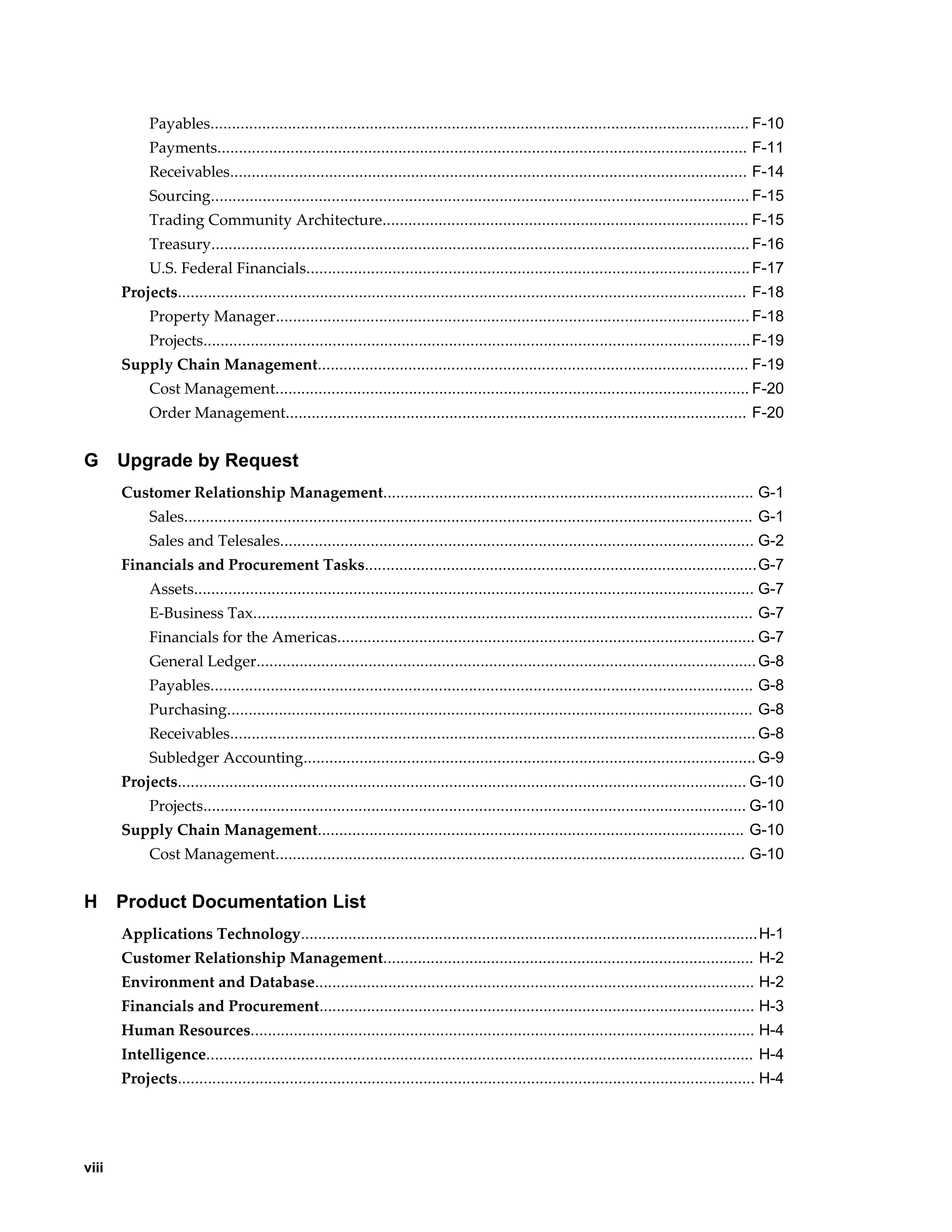 Payables............................................................................................................................. F-10
             Payments........................................................................................................................... F-11
             Receivables........................................................................................................................ F-14
             Sourcing............................................................................................................................. F-15
             Trading Community Architecture..................................................................................... F-15
             Treasury............................................................................................................................. F-16
             U.S. Federal Financials....................................................................................................... F-17
       Projects.................................................................................................................................... F-18
             Property Manager.............................................................................................................. F-18
             Projects............................................................................................................................... F-19
       Supply Chain Management.................................................................................................... F-19
             Cost Management.............................................................................................................. F-20
             Order Management........................................................................................................... F-20


G      Upgrade by Request
       Customer Relationship Management...................................................................................... G-1
             Sales.................................................................................................................................... G-1
             Sales and Telesales.............................................................................................................. G-2
       Financials and Procurement Tasks...........................................................................................G-7
             Assets.................................................................................................................................. G-7
             E-Business Tax.................................................................................................................... G-7
             Financials for the Americas................................................................................................. G-7
             General Ledger.................................................................................................................... G-8
             Payables.............................................................................................................................. G-8
             Purchasing.......................................................................................................................... G-8
             Receivables.......................................................................................................................... G-8
             Subledger Accounting......................................................................................................... G-9
       Projects.................................................................................................................................... G-10
             Projects.............................................................................................................................. G-10
       Supply Chain Management................................................................................................... G-10
             Cost Management............................................................................................................. G-10


H      Product Documentation List
       Applications Technology.......................................................................................................... H-1
       Customer Relationship Management...................................................................................... H-2
       Environment and Database...................................................................................................... H-2
       Financials and Procurement..................................................................................................... H-3
       Human Resources..................................................................................................................... H-4
       Intelligence............................................................................................................................... H-4
       Projects...................................................................................................................................... H-4




viii
 