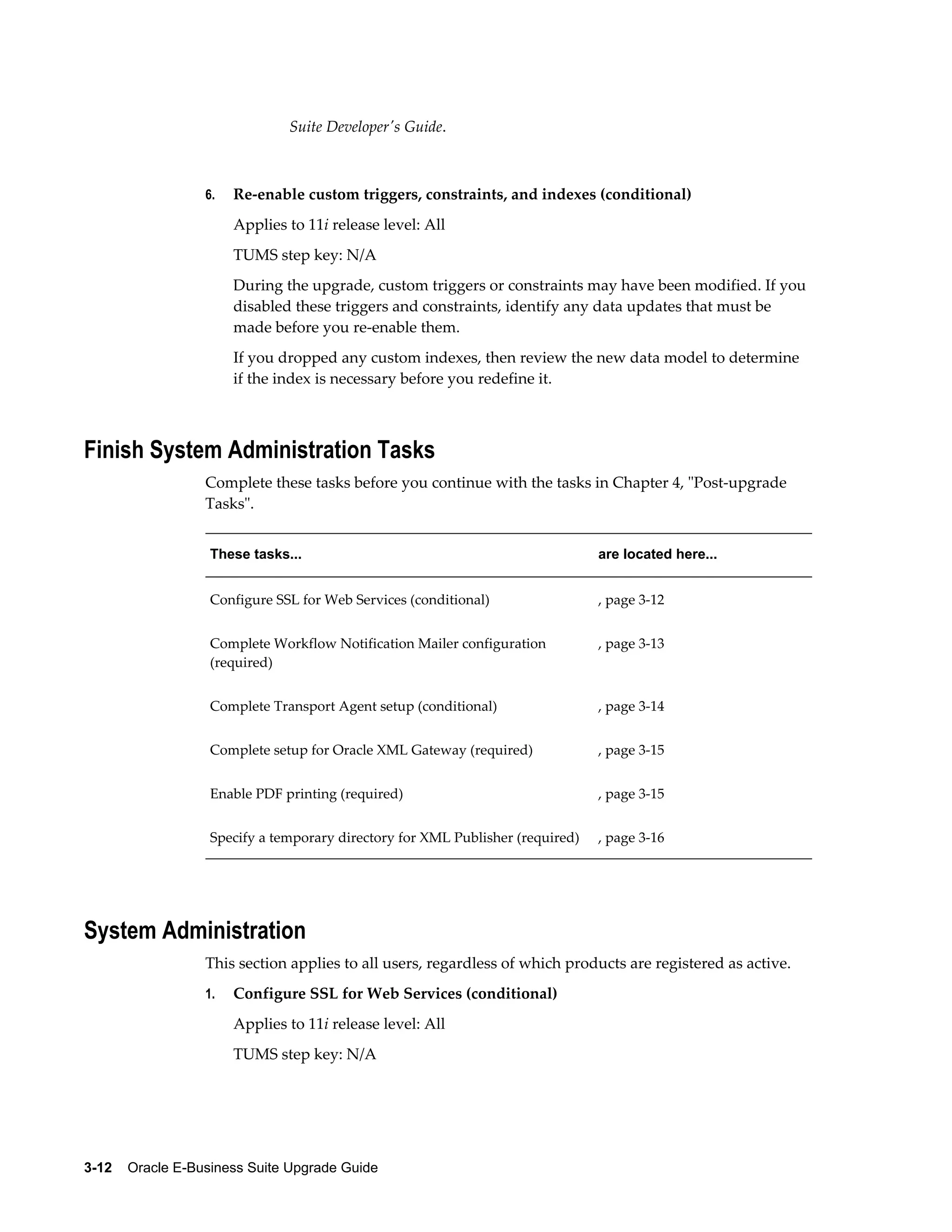 Suite Developer's Guide.



                  6.   Re-enable custom triggers, constraints, and indexes (conditional)
                       Applies to 11i release level: All
                       TUMS step key: N/A
                       During the upgrade, custom triggers or constraints may have been modified. If you
                       disabled these triggers and constraints, identify any data updates that must be
                       made before you re-enable them.
                       If you dropped any custom indexes, then review the new data model to determine
                       if the index is necessary before you redefine it.



Finish System Administration Tasks
                  Complete these tasks before you continue with the tasks in Chapter 4, "Post-upgrade
                  Tasks".


                   These tasks...                                               are located here...


                   Configure SSL for Web Services (conditional)                 , page 3-12


                   Complete Workflow Notification Mailer configuration          , page 3-13
                   (required)


                   Complete Transport Agent setup (conditional)                 , page 3-14


                   Complete setup for Oracle XML Gateway (required)             , page 3-15


                   Enable PDF printing (required)                               , page 3-15


                   Specify a temporary directory for XML Publisher (required)   , page 3-16




System Administration
                  This section applies to all users, regardless of which products are registered as active.
                  1.   Configure SSL for Web Services (conditional)
                       Applies to 11i release level: All
                       TUMS step key: N/A




3-12    Oracle E-Business Suite Upgrade Guide
 