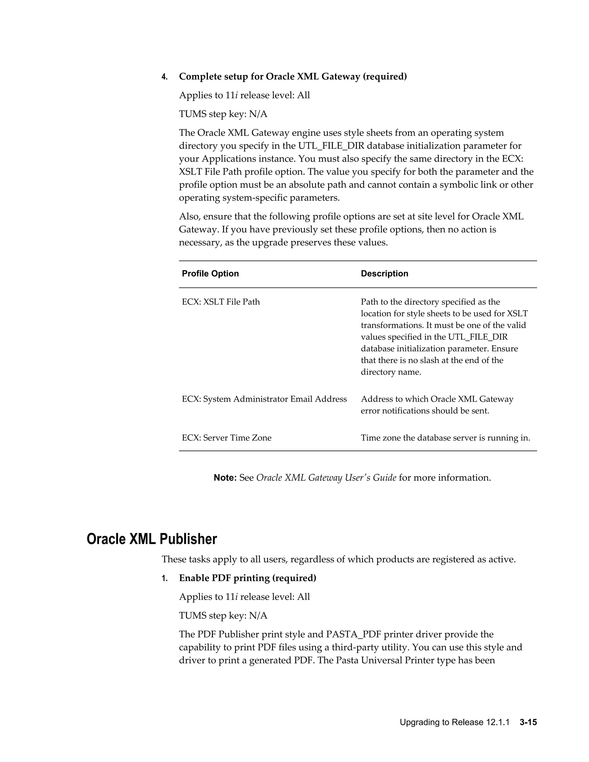 4.   Complete setup for Oracle XML Gateway (required)
                Applies to 11i release level: All
                TUMS step key: N/A
                The Oracle XML Gateway engine uses style sheets from an operating system
                directory you specify in the UTL_FILE_DIR database initialization parameter for
                your Applications instance. You must also specify the same directory in the ECX:
                XSLT File Path profile option. The value you specify for both the parameter and the
                profile option must be an absolute path and cannot contain a symbolic link or other
                operating system-specific parameters.
                Also, ensure that the following profile options are set at site level for Oracle XML
                Gateway. If you have previously set these profile options, then no action is
                necessary, as the upgrade preserves these values.


                Profile Option                              Description


                ECX: XSLT File Path                         Path to the directory specified as the
                                                            location for style sheets to be used for XSLT
                                                            transformations. It must be one of the valid
                                                            values specified in the UTL_FILE_DIR
                                                            database initialization parameter. Ensure
                                                            that there is no slash at the end of the
                                                            directory name.


                ECX: System Administrator Email Address     Address to which Oracle XML Gateway
                                                            error notifications should be sent.


                ECX: Server Time Zone                       Time zone the database server is running in.



                        Note: See Oracle XML Gateway User's Guide for more information.




Oracle XML Publisher
           These tasks apply to all users, regardless of which products are registered as active.
           1.   Enable PDF printing (required)
                Applies to 11i release level: All
                TUMS step key: N/A
                The PDF Publisher print style and PASTA_PDF printer driver provide the
                capability to print PDF files using a third-party utility. You can use this style and
                driver to print a generated PDF. The Pasta Universal Printer type has been




                                                                      Upgrading to Release 12.1.1    3-15
 