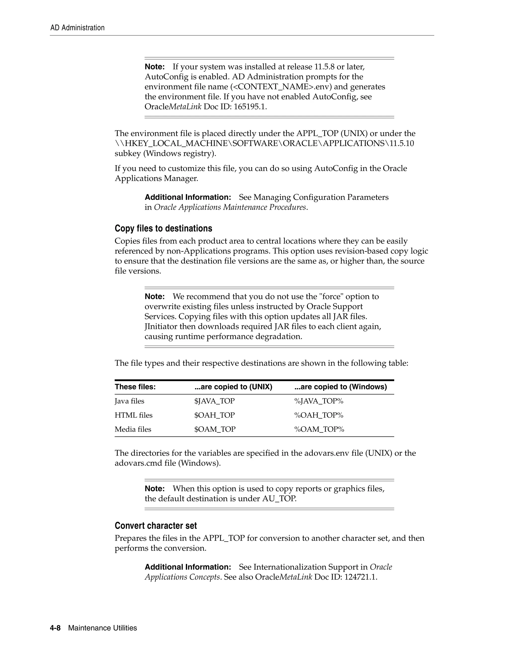 AD Administration



                                 Note: If your system was installed at release 11.5.8 or later,
                                 AutoConfig is enabled. AD Administration prompts for the
                                 environment file name (<CONTEXT_NAME>.env) and generates
                                 the environment file. If you have not enabled AutoConfig, see
                                 OracleMetaLink Doc ID: 165195.1.


                    The environment file is placed directly under the APPL_TOP (UNIX) or under the
                    HKEY_LOCAL_MACHINESOFTWAREORACLEAPPLICATIONS11.5.10
                    subkey (Windows registry).
                    If you need to customize this file, you can do so using AutoConfig in the Oracle
                    Applications Manager.

                                 Additional Information:   See Managing Configuration Parameters
                                 in Oracle Applications Maintenance Procedures.

                    Copy files to destinations
                    Copies files from each product area to central locations where they can be easily
                    referenced by non-Applications programs. This option uses revision-based copy logic
                    to ensure that the destination file versions are the same as, or higher than, the source
                    file versions.


                                 Note: We recommend that you do not use the "force" option to
                                 overwrite existing files unless instructed by Oracle Support
                                 Services. Copying files with this option updates all JAR files.
                                 JInitiator then downloads required JAR files to each client again,
                                 causing runtime performance degradation.


                    The file types and their respective destinations are shown in the following table:

                    These files:               ...are copied to (UNIX)     ...are copied to (Windows)
                    Java files                 $JAVA_TOP                   %JAVA_TOP%
                    HTML files                 $OAH_TOP                    %OAH_TOP%
                    Media files                $OAM_TOP                    %OAM_TOP%


                    The directories for the variables are specified in the adovars.env file (UNIX) or the
                    adovars.cmd file (Windows).


                                 Note: When this option is used to copy reports or graphics files,
                                 the default destination is under AU_TOP.


                    Convert character set
                    Prepares the files in the APPL_TOP for conversion to another character set, and then
                    performs the conversion.

                                 Additional Information:    See Internationalization Support in Oracle
                                 Applications Concepts. See also OracleMetaLink Doc ID: 124721.1.




4-8   Maintenance Utilities
 