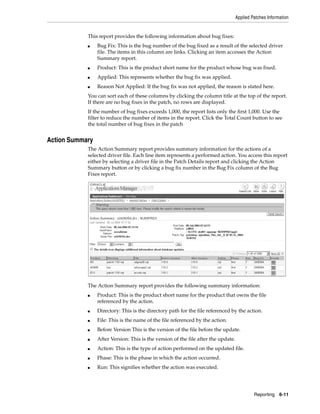 Applied Patches Information


            This report provides the following information about bug fixes:
            ■    Bug Fix: This is the bug number of the bug fixed as a result of the selected driver
                 file. The items in this column are links. Clicking an item accesses the Action
                 Summary report.
            ■    Product: This is the product short name for the product whose bug was fixed.
            ■    Applied: This represents whether the bug fix was applied.
            ■    Reason Not Applied: If the bug fix was not applied, the reason is stated here.
            You can sort each of these columns by clicking the column title at the top of the report.
            If there are no bug fixes in the patch, no rows are displayed.
            If the number of bug fixes exceeds 1,000, the report lists only the first 1,000. Use the
            filter to reduce the number of items in the report. Click the Total Count button to see
            the total number of bug fixes in the patch


Action Summary
            The Action Summary report provides summary information for the actions of a
            selected driver file. Each line item represents a performed action. You access this report
            either by selecting a driver file in the Patch Details report and clicking the Action
            Summary button or by clicking a bug fix number in the Bug Fix column of the Bug
            Fixes report.




            The Action Summary report provides the following summary information:
            ■    Product: This is the product short name for the product that owns the file
                 referenced by the action.
            ■    Directory: This is the directory path for the file referenced by the action.
            ■    File: This is the name of the file referenced by the action.
            ■    Before Version This is the version of the file before the update.
            ■    After Version: This is the version of the file after the update.
            ■    Action: This is the type of action performed on the updated file.
            ■    Phase: This is the phase in which the action occurred.
            ■    Run: This signifies whether the action was executed.




                                                                                             Reporting 6-11
 