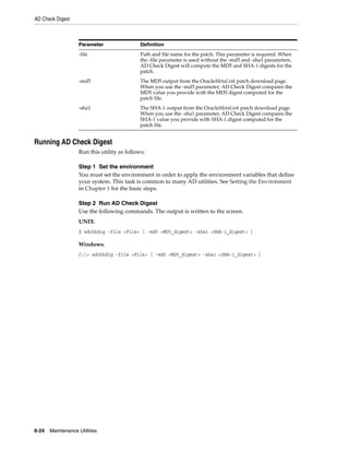 AD Check Digest



                   Parameter                 Definition
                   -file                     Path and file name for the patch. This parameter is required. When
                                             the -file parameter is used without the -md5 and -sha1 parameters,
                                             AD Check Digest will compute the MD5 and SHA-1 digests for the
                                             patch.
                   -md5                      The MD5 output from the OracleMetaLink patch download page.
                                             When you use the -md5 parameter, AD Check Digest compares the
                                             MD5 value you provide with the MD5 digest computed for the
                                             patch file.
                   -sha1                     The SHA-1 output from the OracleMetaLink patch download page.
                                             When you use the -sha1 parameter, AD Check Digest compares the
                                             SHA-1 value you provide with SHA-1 digest computed for the
                                             patch file.


Running AD Check Digest
                   Run this utility as follows:

                   Step 1 Set the environment
                   You must set the environment in order to apply the environment variables that define
                   your system. This task is common to many AD utilities. See Setting the Environment
                   in Chapter 1 for the basic steps.

                   Step 2 Run AD Check Digest
                   Use the following commands. The output is written to the screen.
                   UNIX:
                   $ adchkdig -file <File> [ -md5 <MD5_digest> -sha1 <SHA-1_digest> ]

                   Windows:
                   C:> adchkdig -file <File> [ -md5 <MD5_digest> -sha1 <SHA-1_digest> ]




6-24   Maintenance Utilities
 
