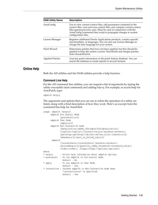 System Maintenance Utilities



              OAM Utility Name       Description
              AutoConfig             Use to view current context files, edit parameters contained in the
                                     context files, view previous context files, and compare current context
                                     files against previous ones. Must be used in conjunction with the
                                     AutoConfig (command line) script to propagate changes to system
                                     configuration files.
              License Manager       Registers additional Oracle Applications products, country-specific
                                    functionalities, or languages. You can also use License Manager to
                                    change the base language for your system.
              Patch Wizard          Determines patches that have not been applied, but that should be
                                    applied to keep the system current. Downloads and merges patches
                                    from OracleMetalink.
              Applied Patches        Uses key patch information in the patch history database. You can
                                     search the database to create reports in several formats.


Online Help
              Both the AD utilities and the OAM utilities provide a help function.

              Command Line Help
              For the AD command line utilities, you can request a list of arguments by typing the
              utility executable (start command) and adding help=y. For example, to access help for
              AutoPatch, type:
              adpatch help=y

              The arguments and options that you can use to refine the operation of a utility are
              listed, along with a brief description of how they work. Here’s an excerpt from the
              command line help for AutoPatch.
              usage: adpatch [help=y]
                    adpatch Pre-Install Mode
                             [preinstall=y|n]
                    adpatch Test Mode
                             [apply=y|n]
                    adpatch Non-Interactive mode
                             [defaultsfile=<$APPL_TOP/admin/SID/defaultsfile>]
                             [logfile=<logfile>][interactive=y|n][workers=<workers>]
                             [patchtop=<patchtop>][driver=<driver_file>][restart=y|n]
                             [abandon=y|n][wait_on_failed_job=y|n]
                      adpatch
                             [localworkers=<localworkers>][workers=<workers>]
                             [printdebug=y|n][parallel_index_threshold=<threshold_value>]
                             [order=<order>] [flags=<flags>][options=<options>]
              where
              * help=y       - Prints help information about adpatch options.
              * preinstall - To run adpatch in Pre-Install Mode.
                               Default - No.
              * apply        - To run adpatch in Test Mode.
                               Default - Yes.
              * interactive - Invokes adpatch in Non-Interactive mode when
                               "interactive=no" is specified.
                               Default - Yes.




                                                                                        Getting Started   1-3
 