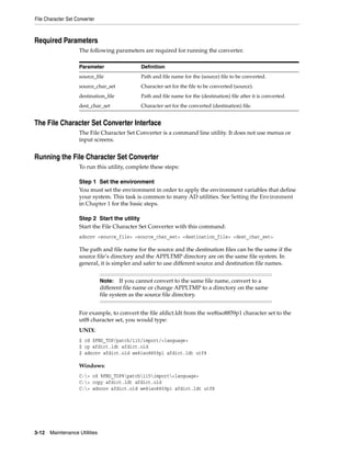 File Character Set Converter



Required Parameters
                    The following parameters are required for running the converter.

                    Parameter                  Definition
                    source_file                Path and file name for the (source) file to be converted.
                    source_char_set            Character set for the file to be converted (source).
                    destination_file           Path and file name for the (destination) file after it is converted.
                    dest_char_set              Character set for the converted (destination) file.


The File Character Set Converter Interface
                    The File Character Set Converter is a command line utility. It does not use menus or
                    input screens.


Running the File Character Set Converter
                    To run this utility, complete these steps:

                    Step 1 Set the environment
                    You must set the environment in order to apply the environment variables that define
                    your system. This task is common to many AD utilities. See Setting the Environment
                    in Chapter 1 for the basic steps.

                    Step 2 Start the utility
                    Start the File Character Set Converter with this command:
                    adncnv <source_file> <source_char_set> <destination_file> <dest_char_set>

                    The path and file name for the source and the destination files can be the same if the
                    source file’s directory and the APPLTMP directory are on the same file system. In
                    general, it is simpler and safer to use different source and destination file names.


                               Note: If you cannot convert to the same file name, convert to a
                               different file name or change APPLTMP to a directory on the same
                               file system as the source file directory.


                    For example, to convert the file afdict.ldt from the we8iso8859p1 character set to the
                    utf8 character set, you would type:
                    UNIX:
                    $ cd $FND_TOP/patch/115/import/<language>
                    $ cp afdict.ldt afdict.old
                    $ adncnv afdict.old we8iso8859p1 afdict.ldt utf8

                    Windows:
                    C:> cd %FND_TOP%patch115import<language>
                    C:> copy afdict.ldt afdict.old
                    C:> adncnv afdict.old we8iso8859p1 afdict.ldt utf8




3-12   Maintenance Utilities
 