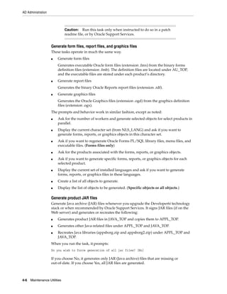 AD Administration



                              Caution: Run this task only when instructed to do so in a patch
                              readme file, or by Oracle Support Services.


                    Generate form files, report files, and graphics files
                    These tasks operate in much the same way.
                    ■   Generate form files
                        Generates executable Oracle form files (extension .fmx) from the binary forms
                        definition files (extension .fmb). The definition files are located under AU_TOP,
                        and the executable files are stored under each product’s directory.
                    ■   Generate report files
                        Generates the binary Oracle Reports report files (extension .rdf).
                    ■   Generate graphics files
                        Generates the Oracle Graphics files (extension .ogd) from the graphics definition
                        files (extension .ogx).
                    The prompts and behavior work in similar fashion, except as noted:
                    ■   Ask for the number of workers and generate selected objects for select products in
                        parallel.
                    ■   Display the current character set (from NLS_LANG) and ask if you want to
                        generate forms, reports, or graphics objects in this character set.
                    ■   Ask if you want to regenerate Oracle Forms PL/SQL library files, menu files, and
                        executable files. (Forms files only)
                    ■   Ask for the products associated with the forms, reports, or graphics objects.
                    ■   Ask if you want to generate specific forms, reports, or graphics objects for each
                        selected product.
                    ■   Display the current set of installed languages and ask if you want to generate
                        forms, reports, or graphics files in these languages.
                    ■   Create a list of all objects to generate.
                    ■   Display the list of objects to be generated. (Specific objects or all objects.)

                    Generate product JAR files
                    Generate Java archive (JAR) files whenever you upgrade the Developer6i technology
                    stack or when recommended by Oracle Support Services. It signs JAR files (if on the
                    Web server) and generates or recreates the following:
                    ■   Generates product JAR files in JAVA_TOP and copies them to APPL_TOP.
                    ■   Generates other Java-related files under APPL_TOP and JAVA_TOP.
                    ■   Recreates Java libraries (appsborg.zip and appsborg2.zip) under APPL_TOP and
                        JAVA_TOP.
                    When you run the task, it prompts:
                    Do you wish to force generation of all jar files? [No]

                    If you choose No, it generates only JAR (Java archive) files that are missing or
                    out-of-date. If you choose Yes, all JAR files are generated.



4-6   Maintenance Utilities
 