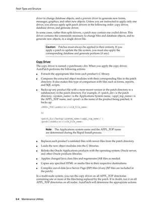 Patch Types and Structure


                    driver to change database objects, and a generate driver to generate new forms,
                    messages, graphics, and other new objects. Unless you are instructed to apply only one
                    driver, you always apply split patch drivers in the following order: copy driver,
                    database driver, and generate driver.
                    In some cases, rather than split drivers, a patch may contain one unified driver. This
                    driver contains the commands necessary to change files and database objects, and to
                    generate new objects, in a single driver file.


                                 Caution: Patches must always be applied in their entirety. If you
                                 apply a patch to update the file system, you must also apply the
                                 corresponding database and generate portions (if any).


                    Copy Driver
                    The copy driver is named c<patchnum>.drv. When you apply the copy driver,
                    AutoPatch performs the following actions:
                    ■       Extracts the appropriate files from each product’s C library.
                    ■       Compares the extracted object modules with their corresponding files in the patch
                            directory. It also makes this type of comparison with files such as forms, reports,
                            and SQL scripts.
                    ■       Backs up any product file with a more recent version in the patch directory to a
                            subdirectory in the patch directory. For example, if <patch_dir> is the patch
                            directory, <system_name> is the Applications System name, <appl_top_name> is
                            the APPL_TOP name, and <prod> is the name of the product being patched, it
                            backs up:
                            <PROD>_TOP/<subdir(s)>/<old_file_name>

                            to

                            <patch_dir>/backup/<system_name>/<appl_top_name>/ 
                            <prod>/<subdir(s)>/<old_file_name>


                                 Note: The Applications system name and the APPL_TOP name
                                 are determined during the Rapid Install process.


                    ■       Replaces each product’s outdated files with newer files from the patch directory.
                    ■       Loads the new object modules into the C libraries.
                    ■       Relinks the Oracle Applications products with the operating system, Oracle server,
                            and other Oracle products libraries.
                    ■       Applies changed Java class files and regenerates JAR files as needed.
                    ■       Copies any specified HTML or media files to their respective destinations.
                    ■       Compiles out-of-date Java Server Page (JSP) files (if any JSP files are included in
                            the patch).
                    In a multi-node system, you run the copy driver on all APPL_TOP directories
                    containing one or more of the files being replaced by the patch. If in doubt, run it on all
                    APPL_TOP directories on all nodes. AutoPatch will determine the appropriate actions.




5-4   Maintenance Utilities
 