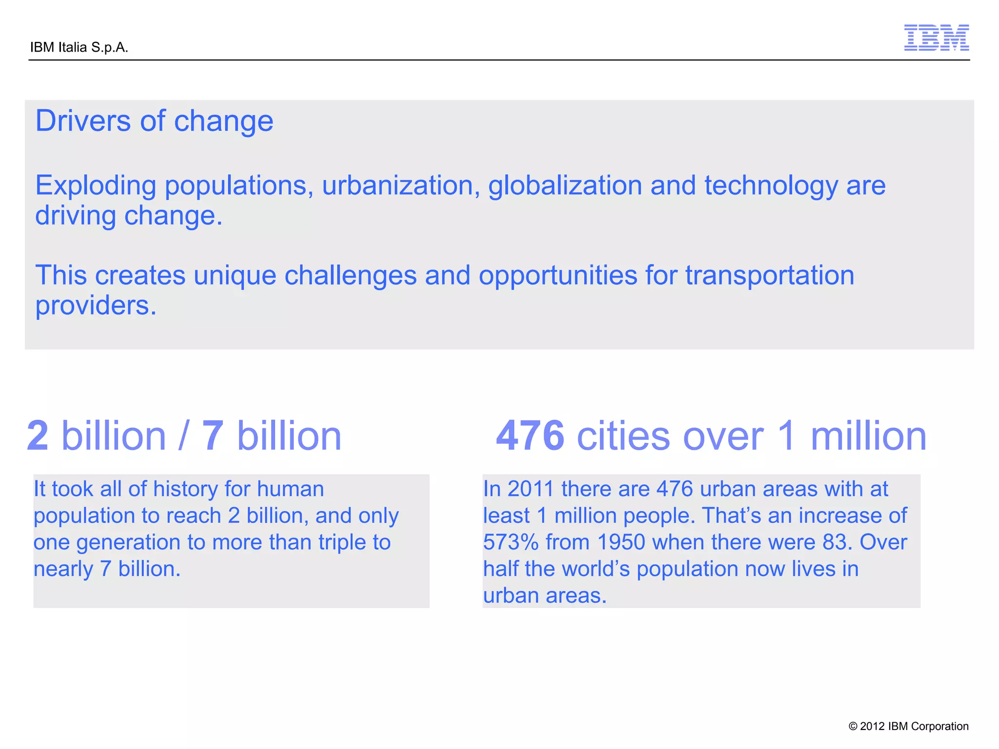 IBM Italia S.p.A.




Drivers of change

Exploding populations, urbanization, globalization and technology are
driving change.

This creates unique challenges and opportunities for transportation
providers.



2 billion / 7 billion                      476 cities over 1 million
It took all of history for human          In 2011 there are 476 urban areas with at
population to reach 2 billion, and only   least 1 million people. That’s an increase of
one generation to more than triple to     573% from 1950 when there were 83. Over
nearly 7 billion.                         half the world’s population now lives in
                                          urban areas.




2                                                                               © 2012 IBM Corporation
 