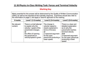 11 IB Physics In-Class Writing Task: Forces and Terminal Velocity
Marking Key
 