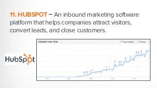 11. HUBSPOT – An inbound marketing software
platform that helps companies attract visitors,
convert leads, and close custo...